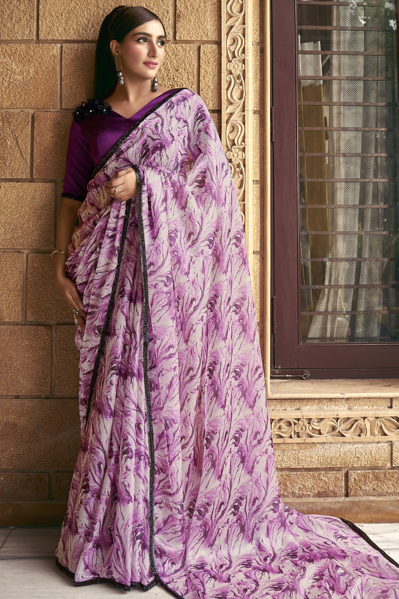 Sugar Plum Purple Satin Printed Silk Saree