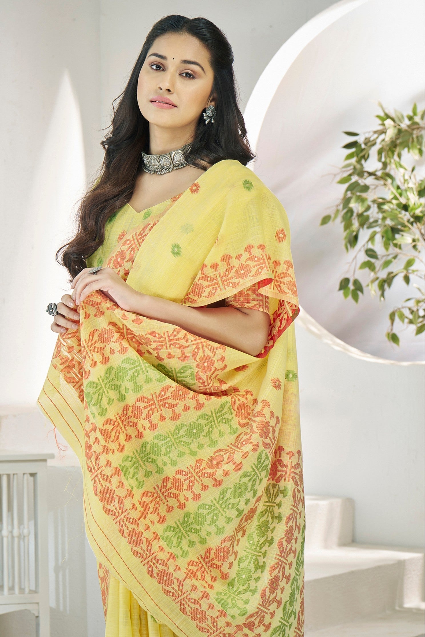 Laser Yellow Woven Linen Saree