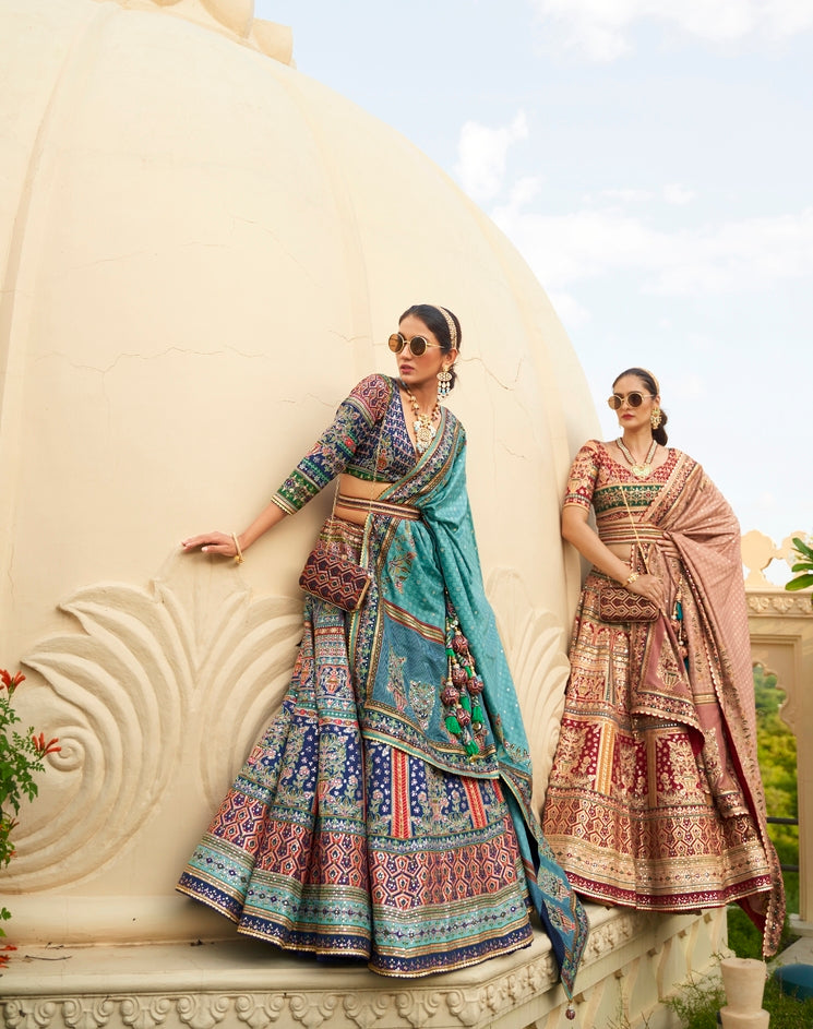 Copper Penny Brown Woven Lehenga Choli With Heavy Embroidery Work