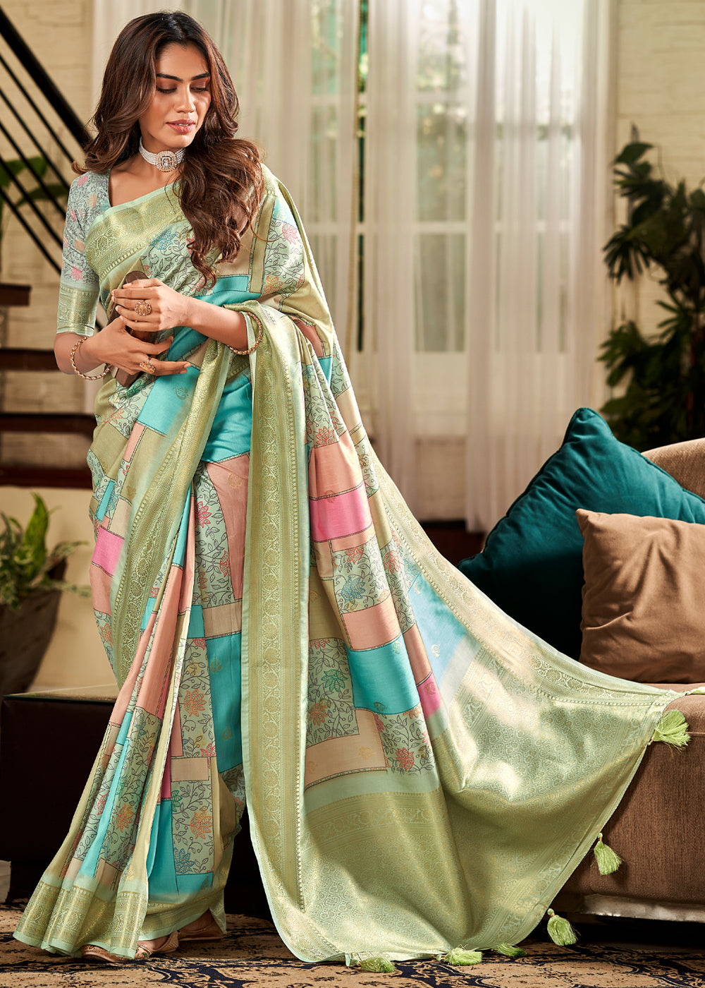 Green hellebore Banarasi Digital Printed Soft Silk Saree