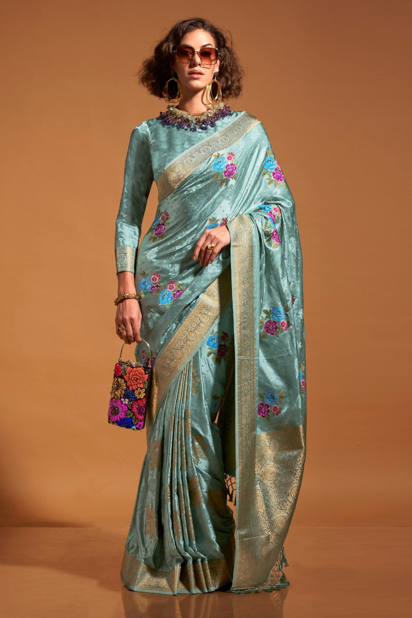 Summer Blue Handloom Satin Silk Saree