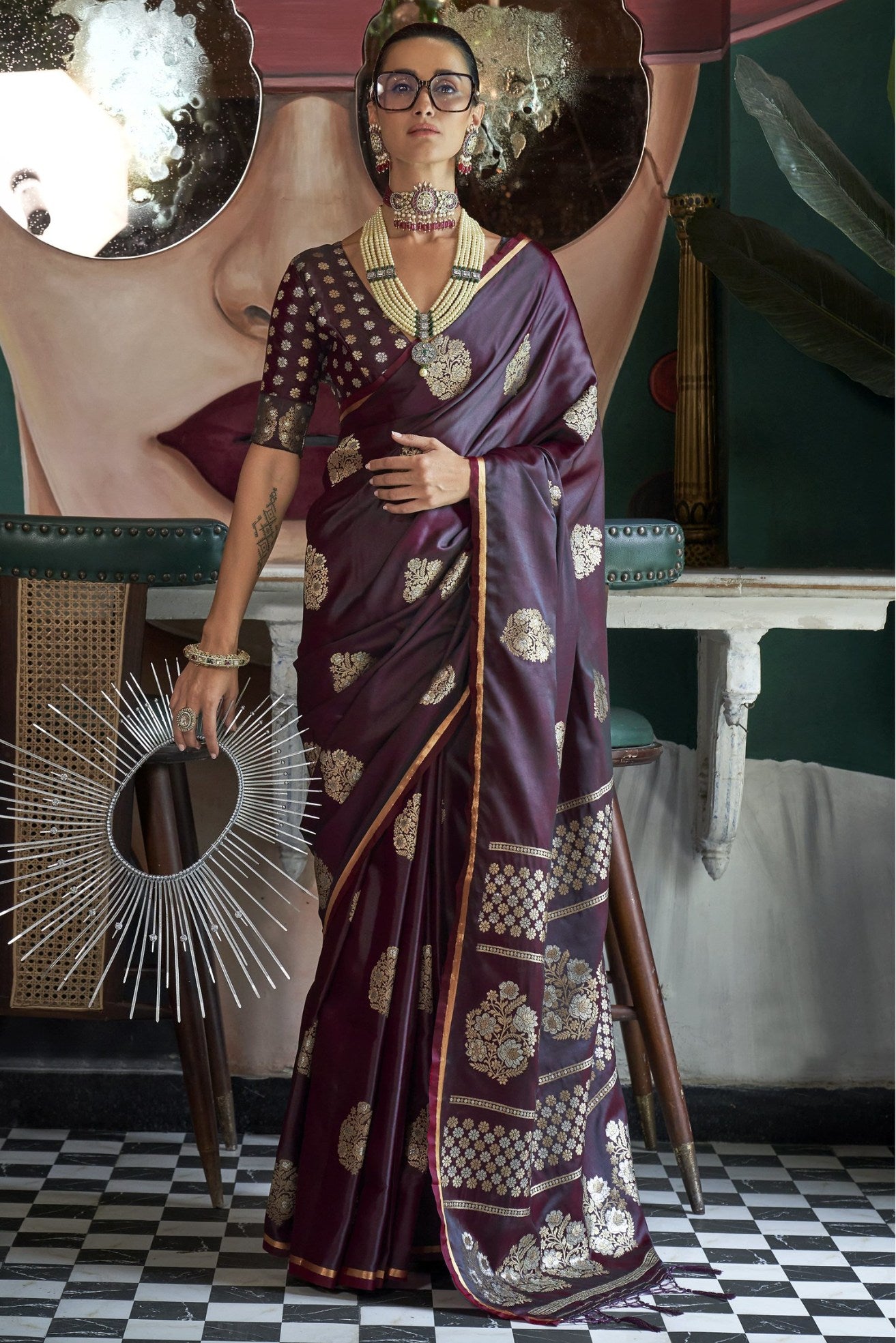 Cocoa Brown Banarasi Handloom Satin Saree