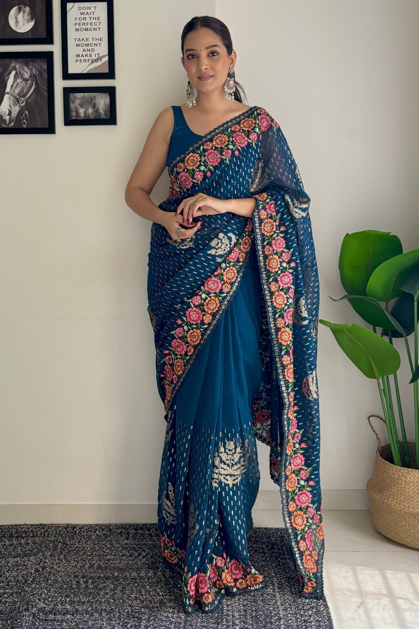 Teal Blue Embroidery Designer Georgette Saree