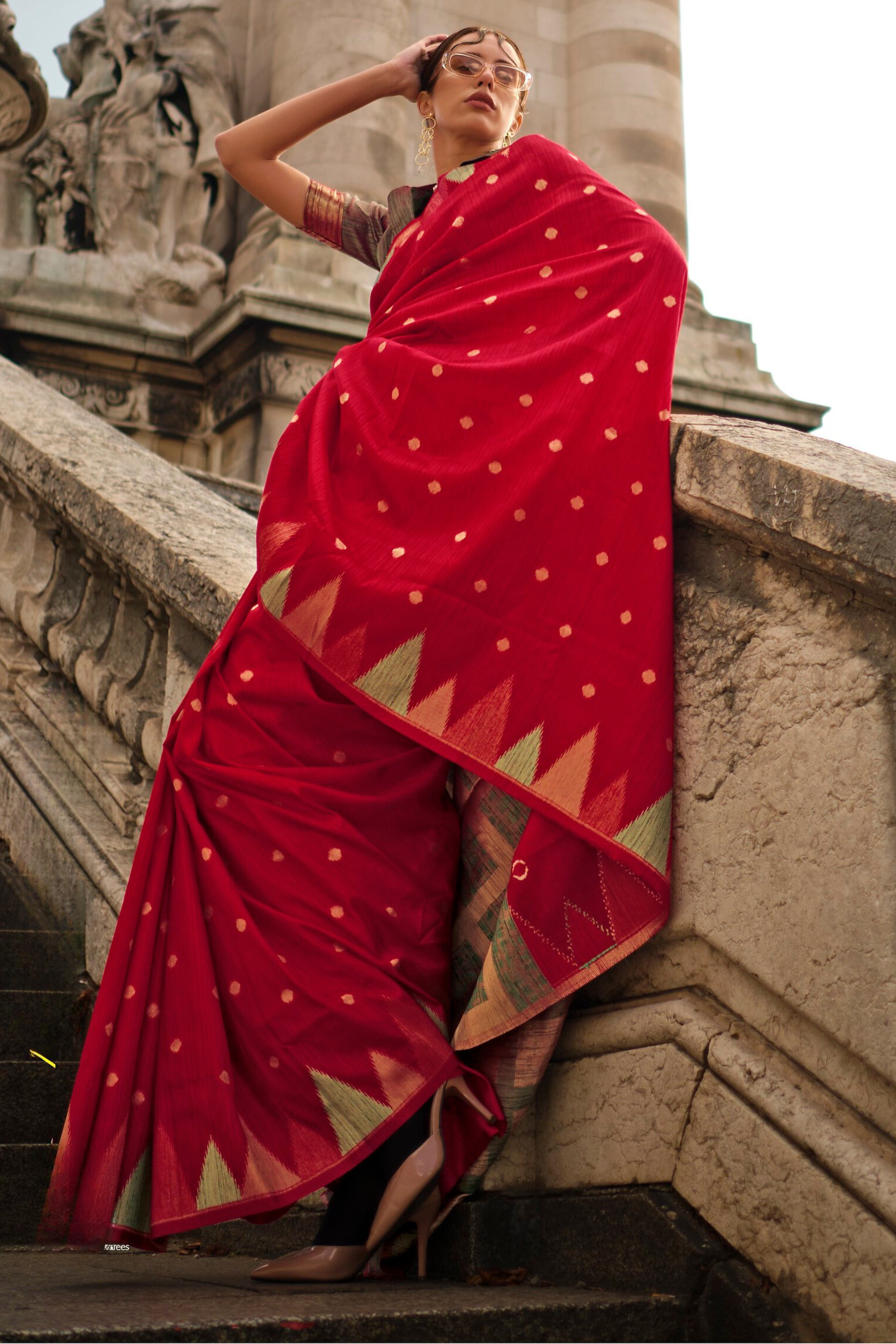 Red South Tussar Temple Border Silk Saree