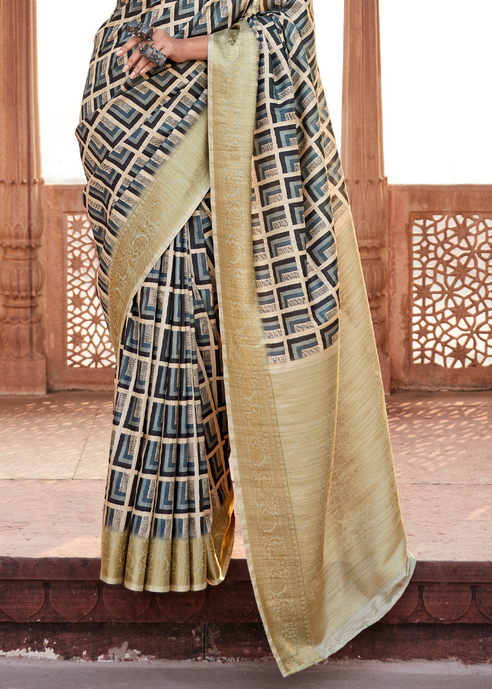 Pewter Blue and Handloom Banarasi Silk Saree