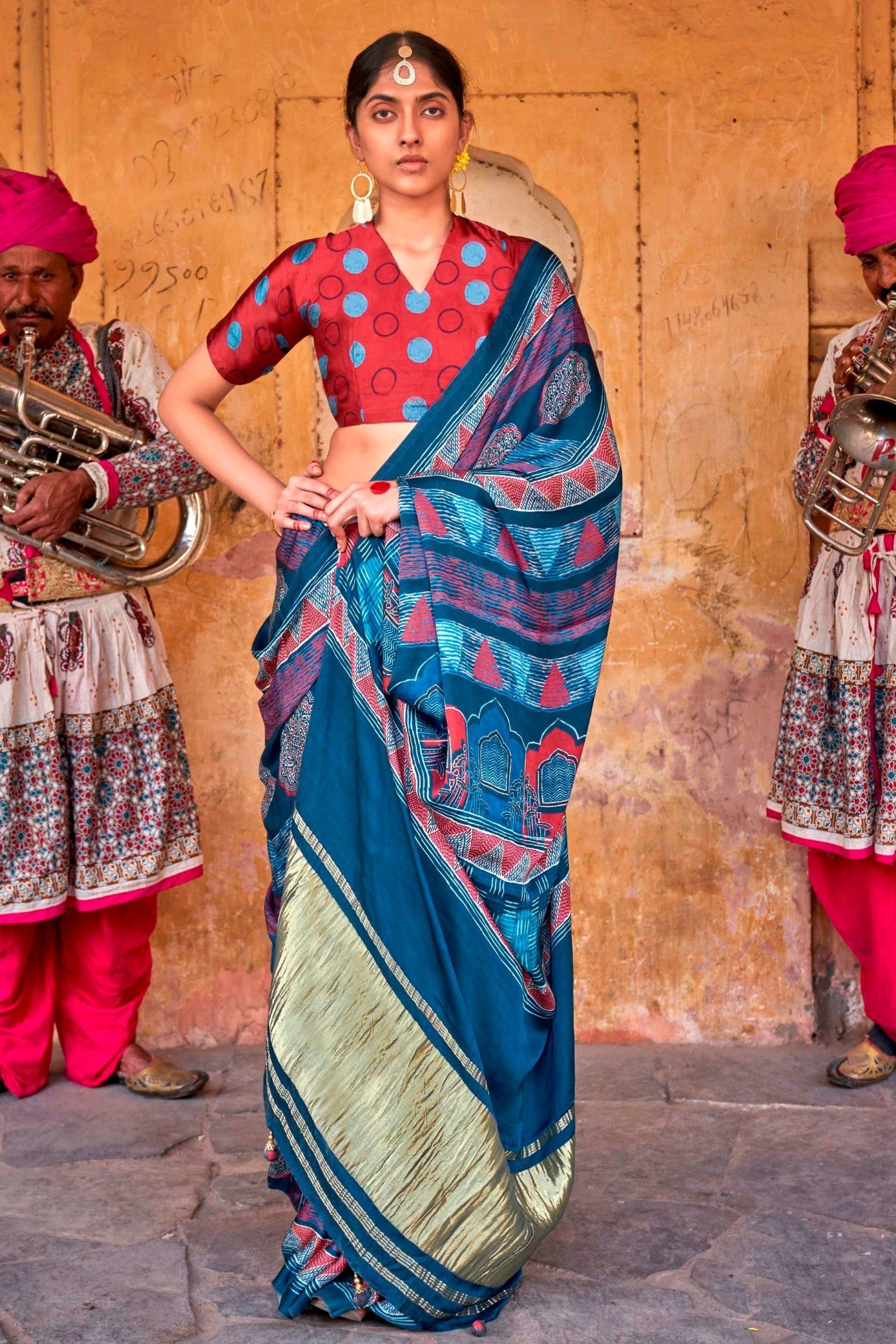 Venice Blue Ajrakh Handprinted Satin Saree