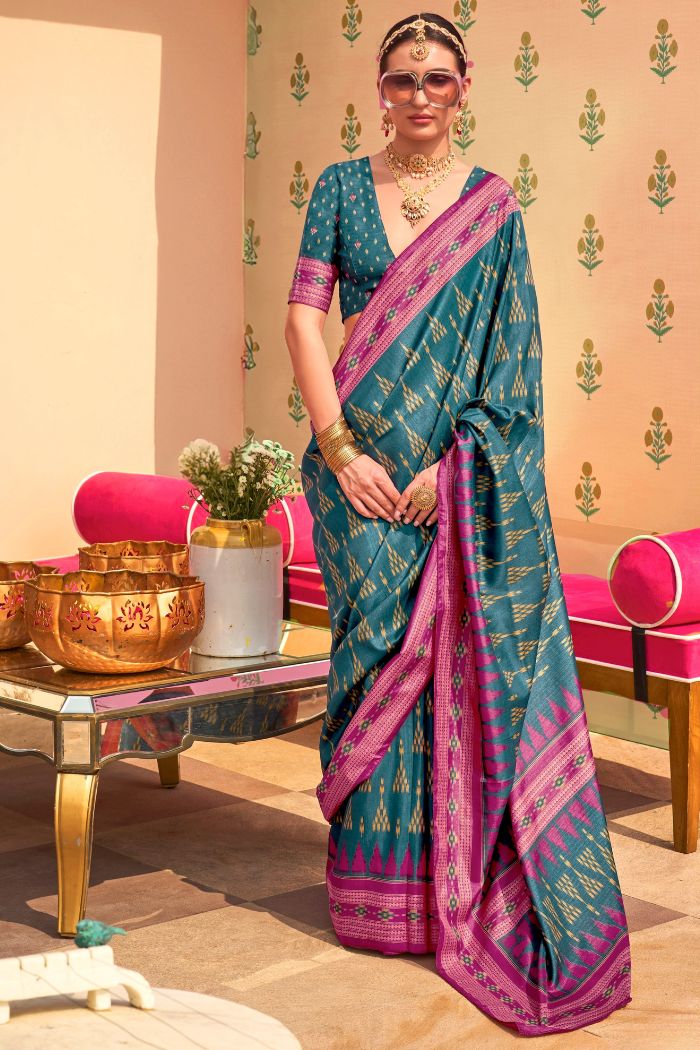 Water Blue Printed Banarasi Soft Silk Saree