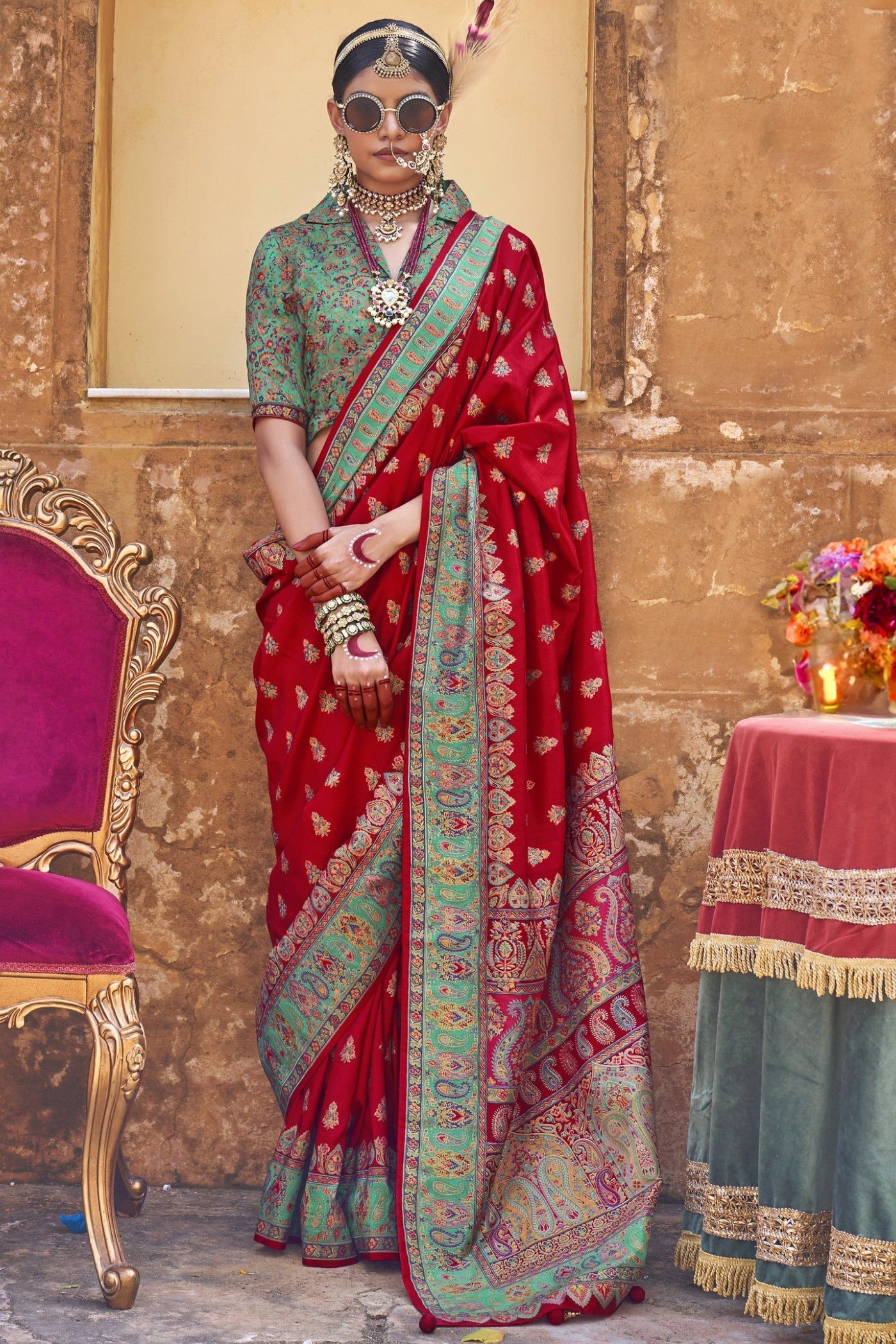 Poppies Red Banarasi Jamawar Saree