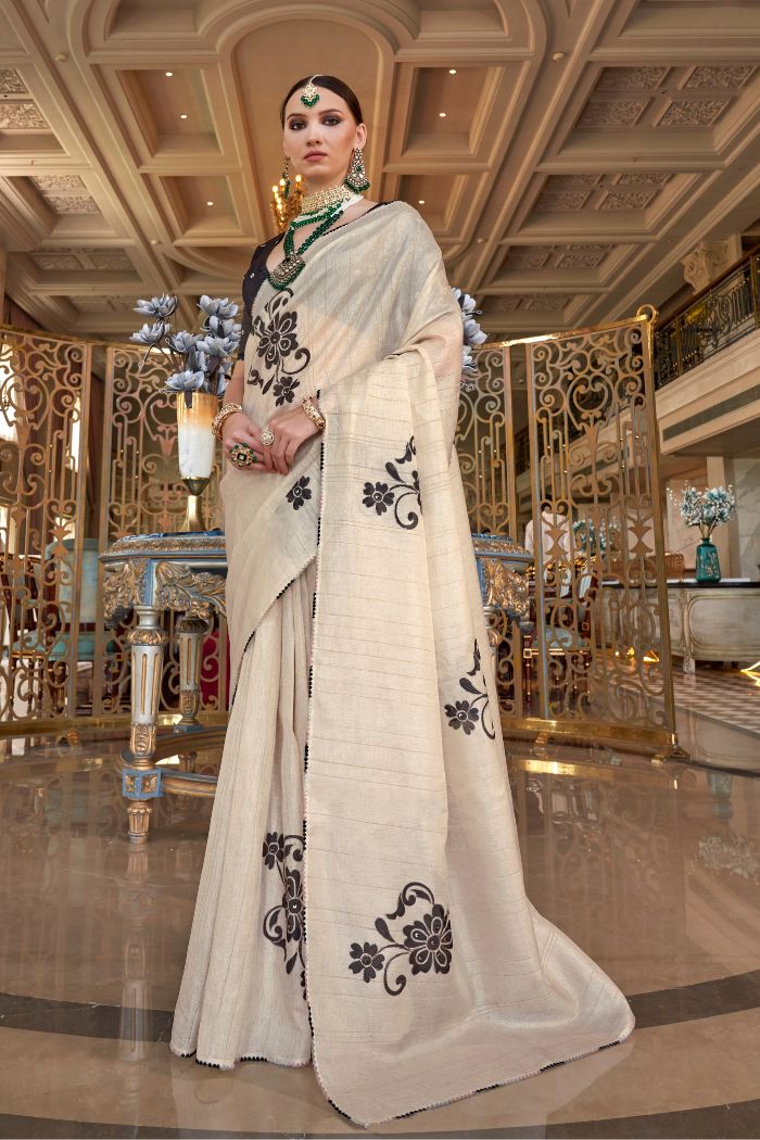 Stark White and Black Woven Tussar Floral Silk Saree