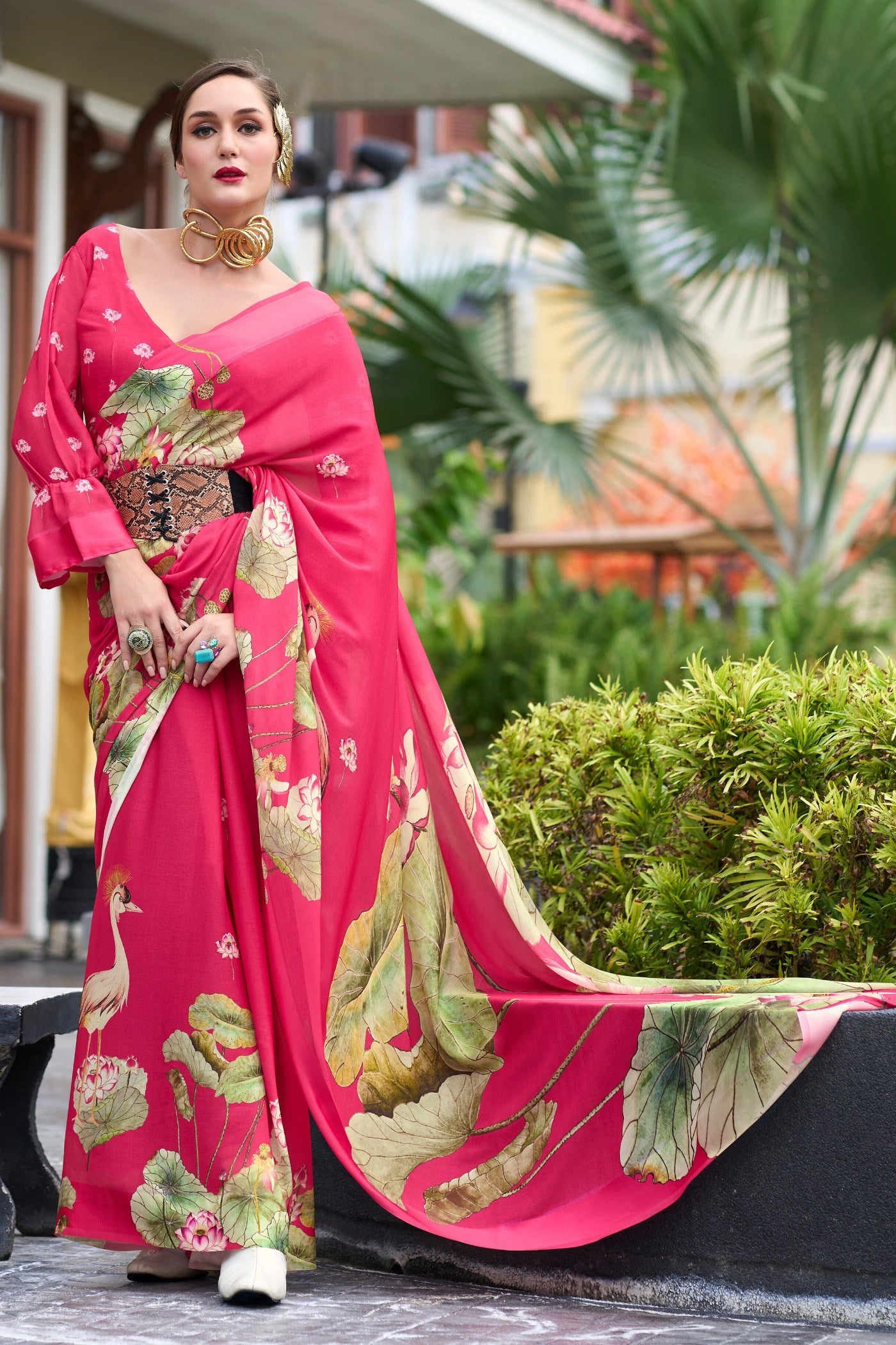 Strawberry Pink Printed Georgette Saree