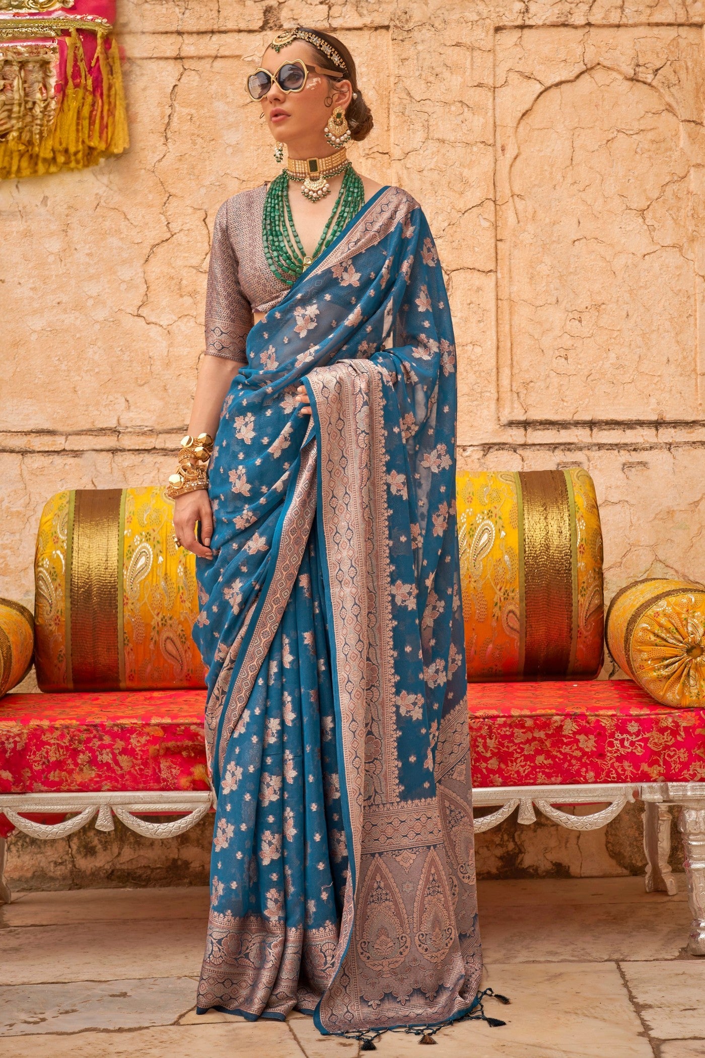 Olympic Blue Zari Woven Georgette Saree