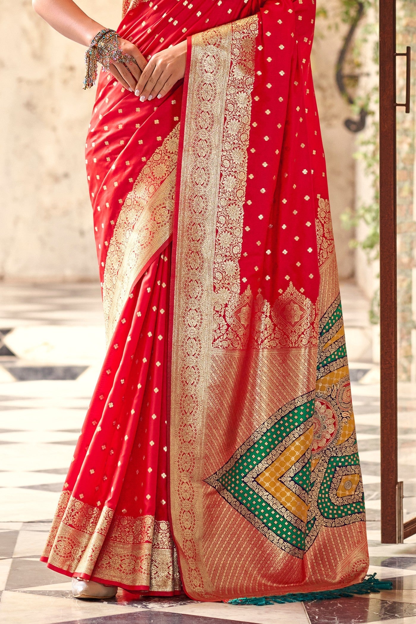 Roman Red Woven Banarasi Soft Silk Saree