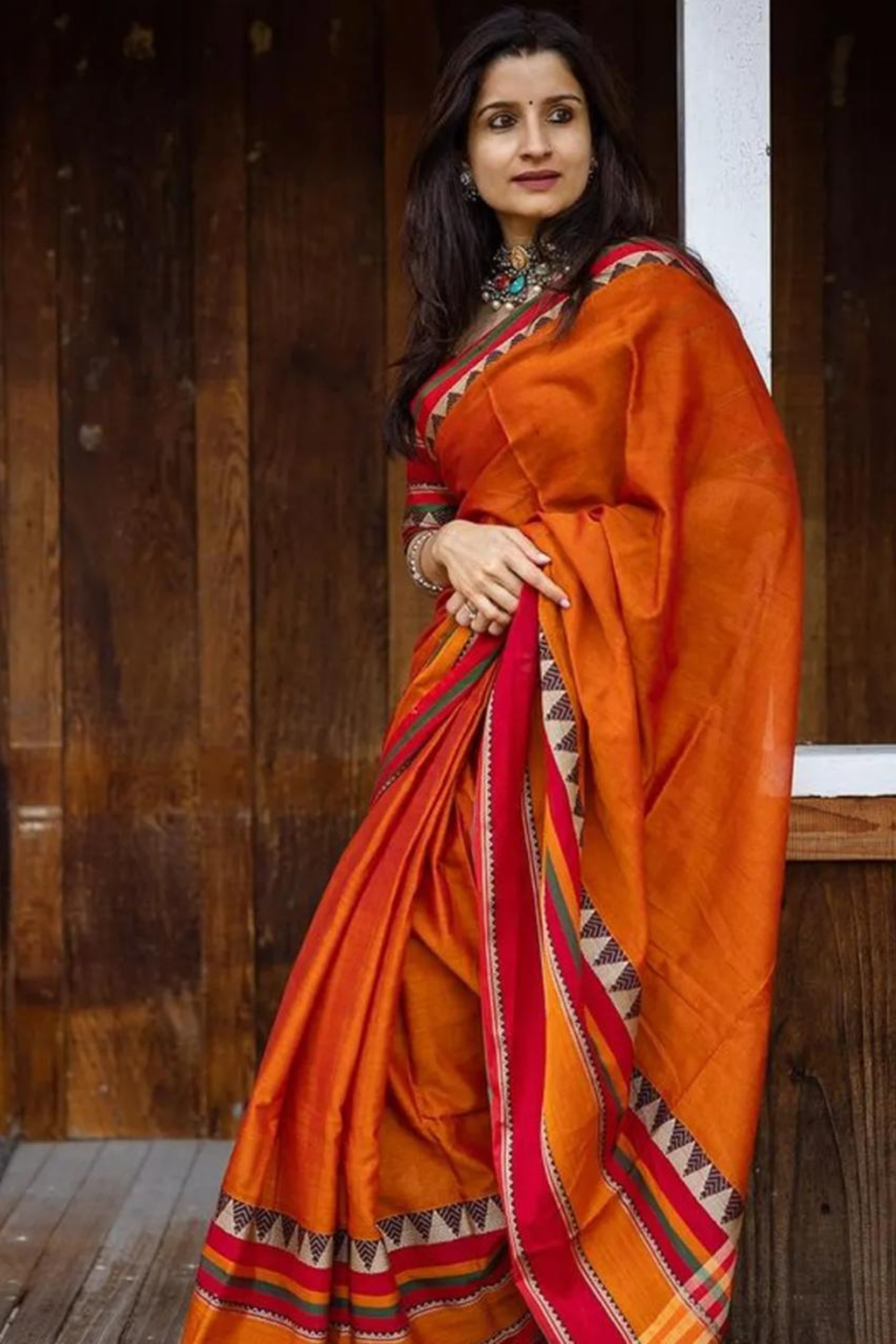 Light Flamingo Orange Shantipuri Bengal Cotton Saree