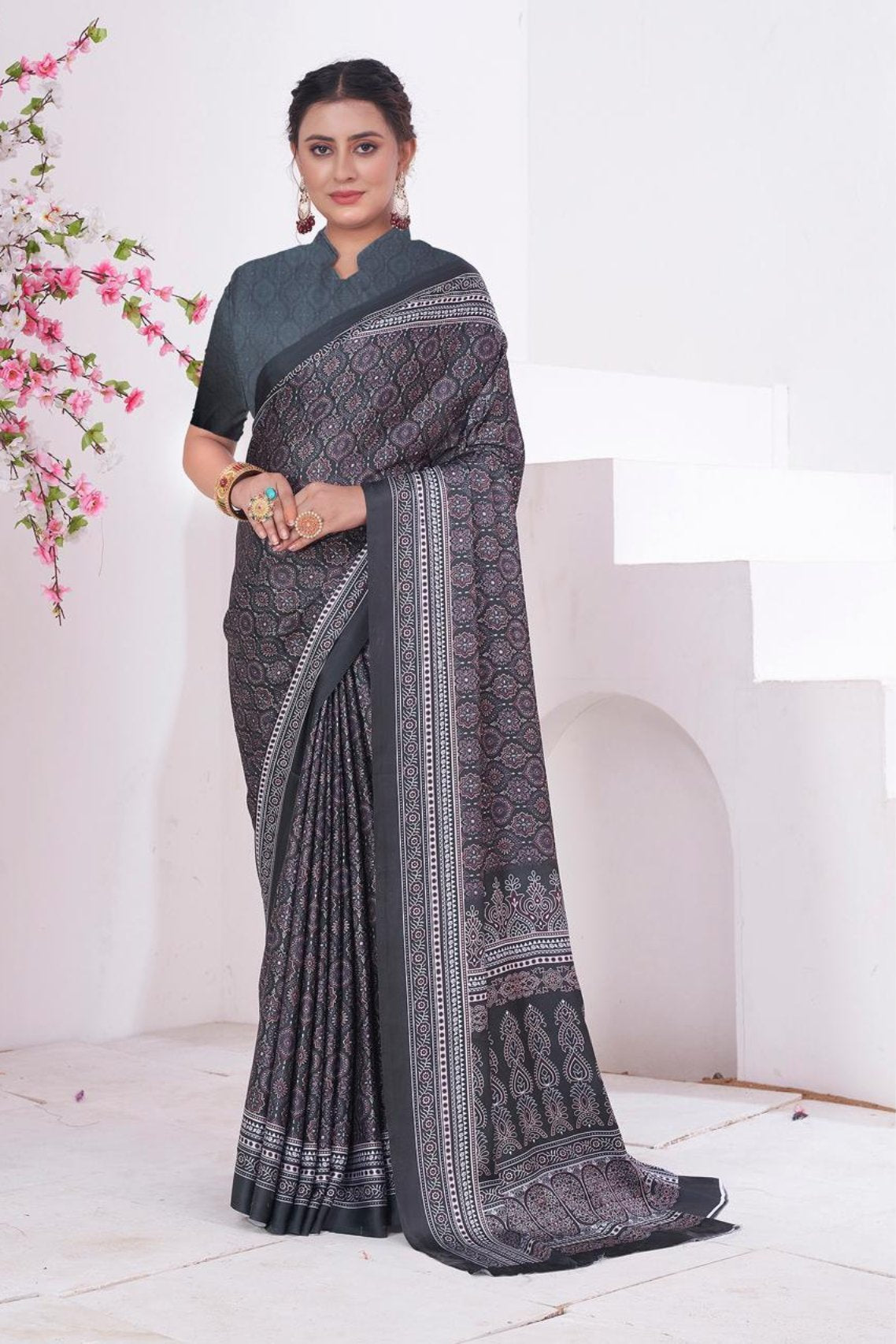 Cloudy Grey Ajrakh Printed Satin Crepe Saree