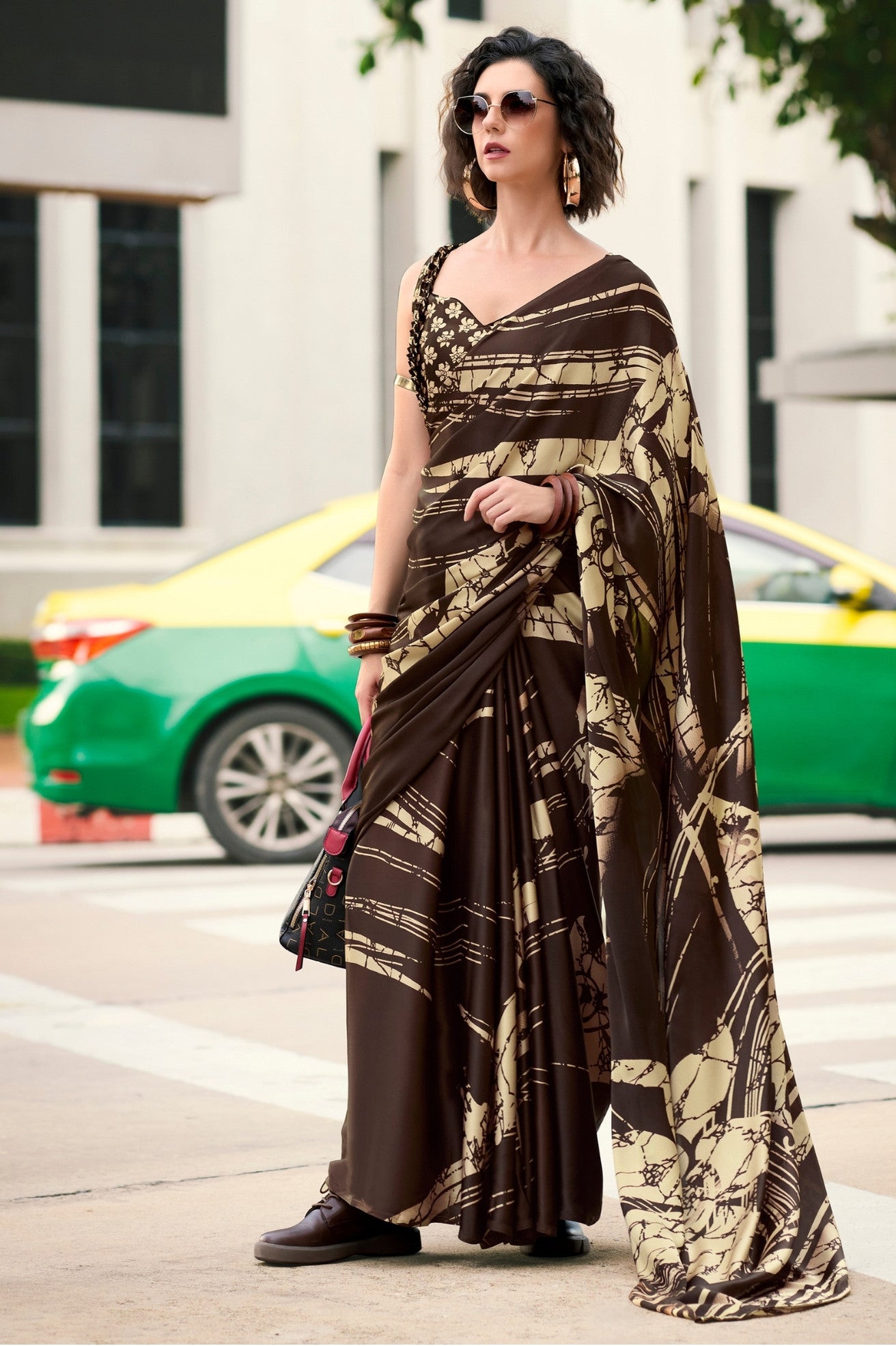 Cold Coffe Brown Printed Satin Crepe Saree