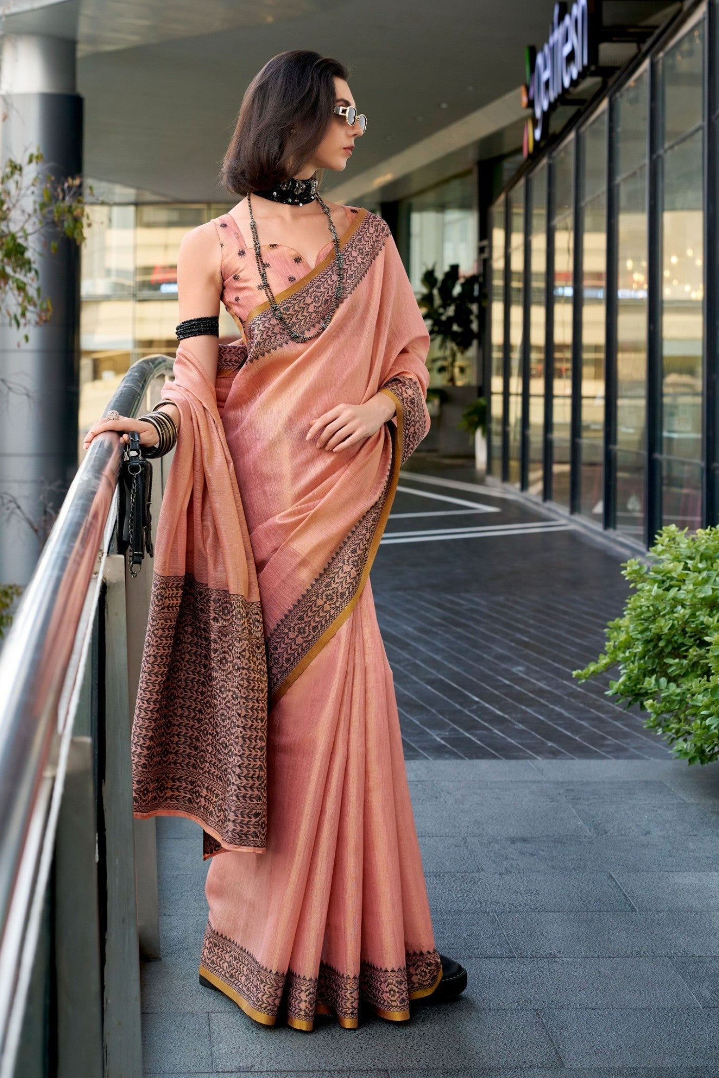 Malibu Peach Linen Tissue Silk Saree