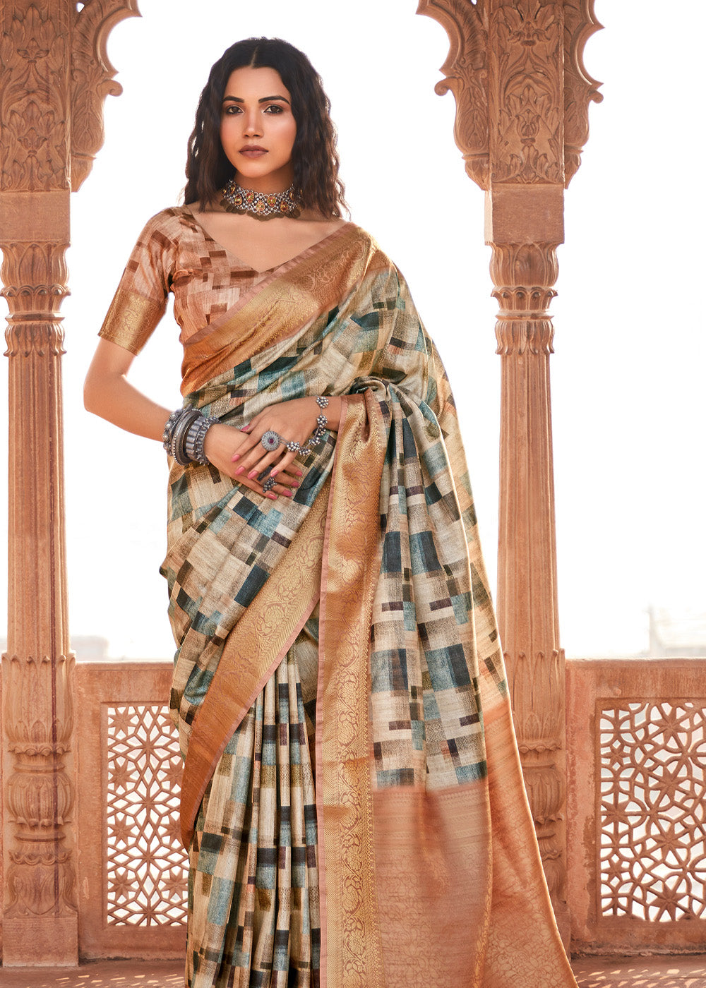 Bone Cream and Handloom Banarasi Silk Saree