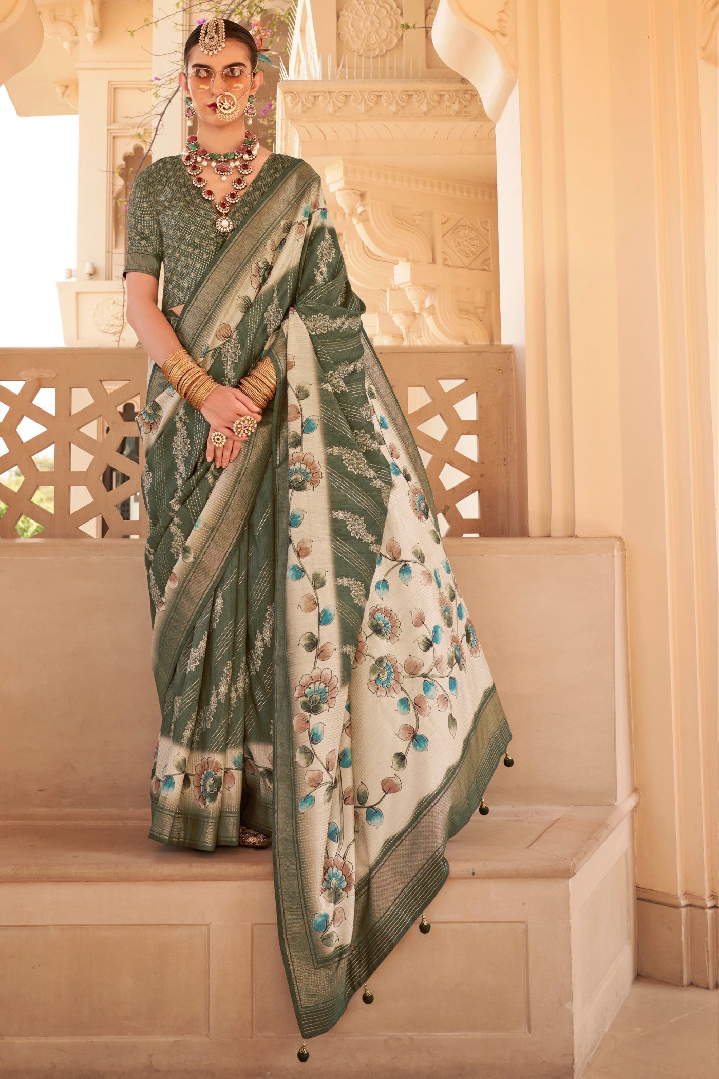 Hemlock Green Floral Printed Banarasi Saree