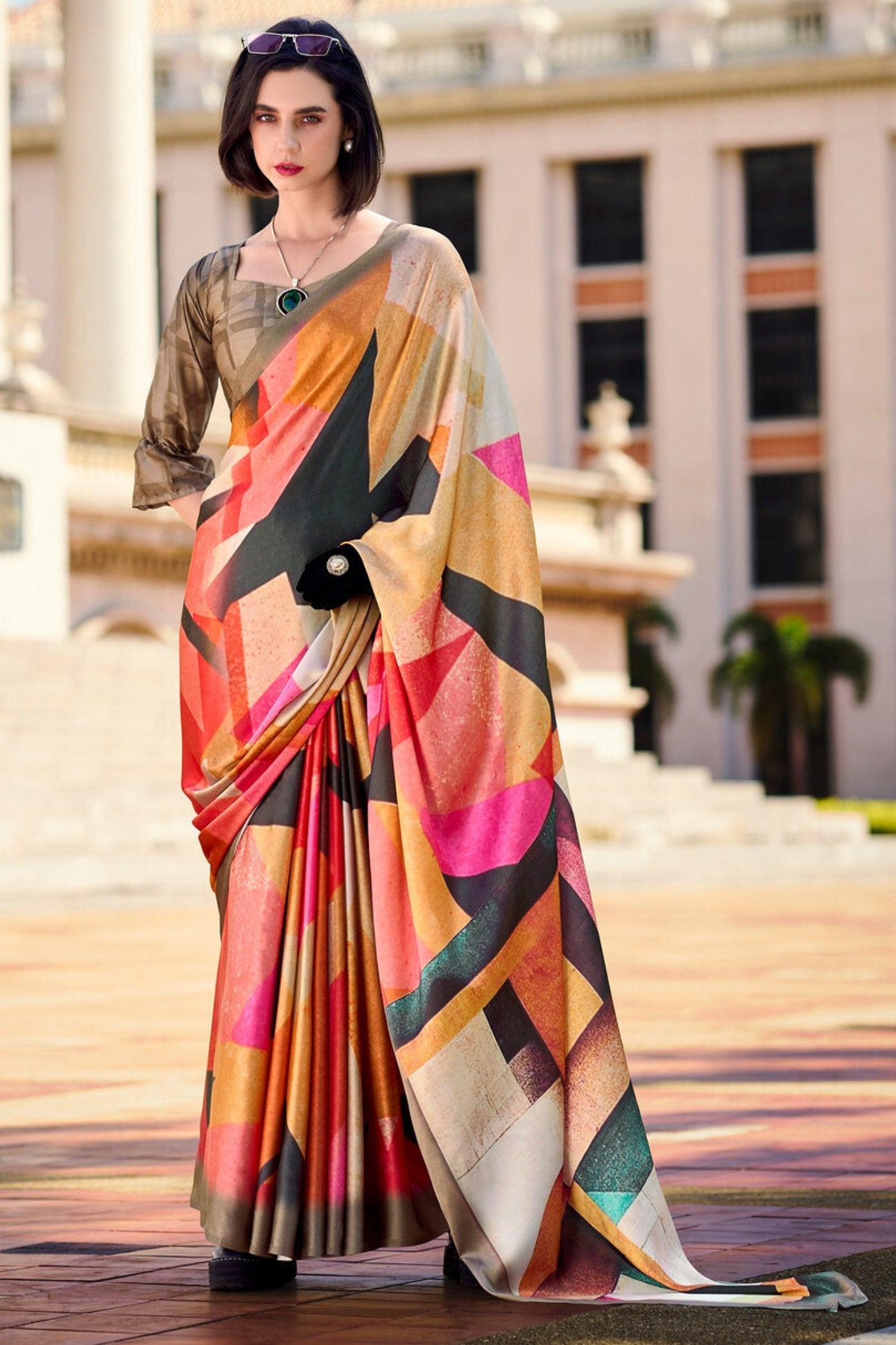 Multicolor Ornage Printed Satin Crepe Silk Saree