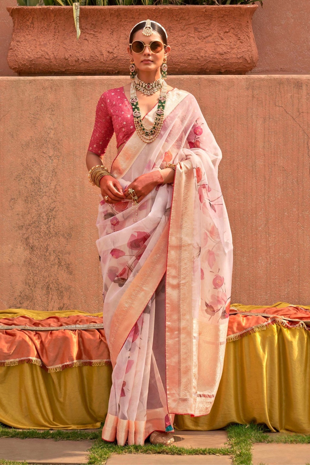 Beauty Pink Zari Woven Organza Saree