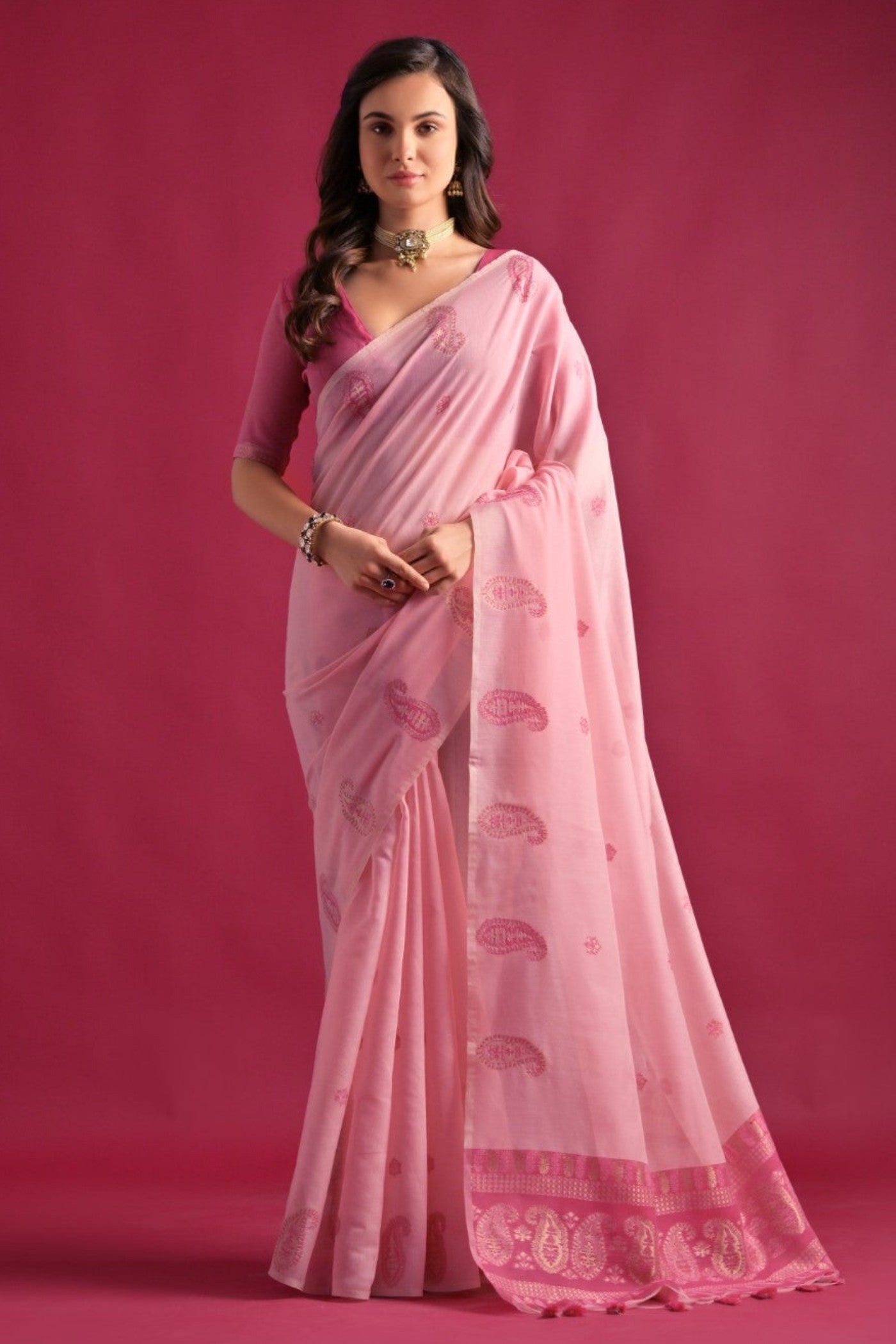 Beauty Pink Woven Mul Cotton Saree