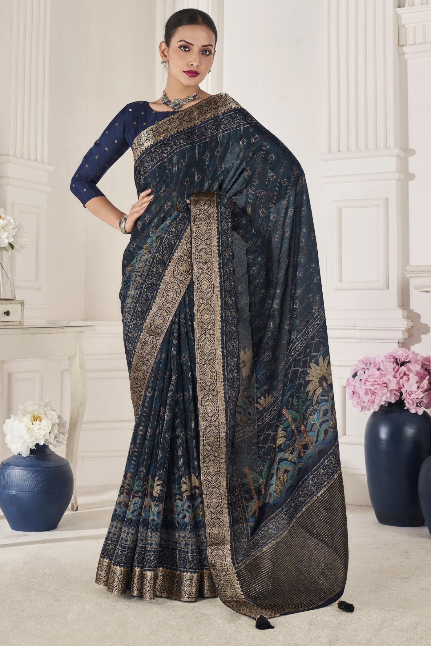 Ebony Clay Blue Banarasi Silk Saree