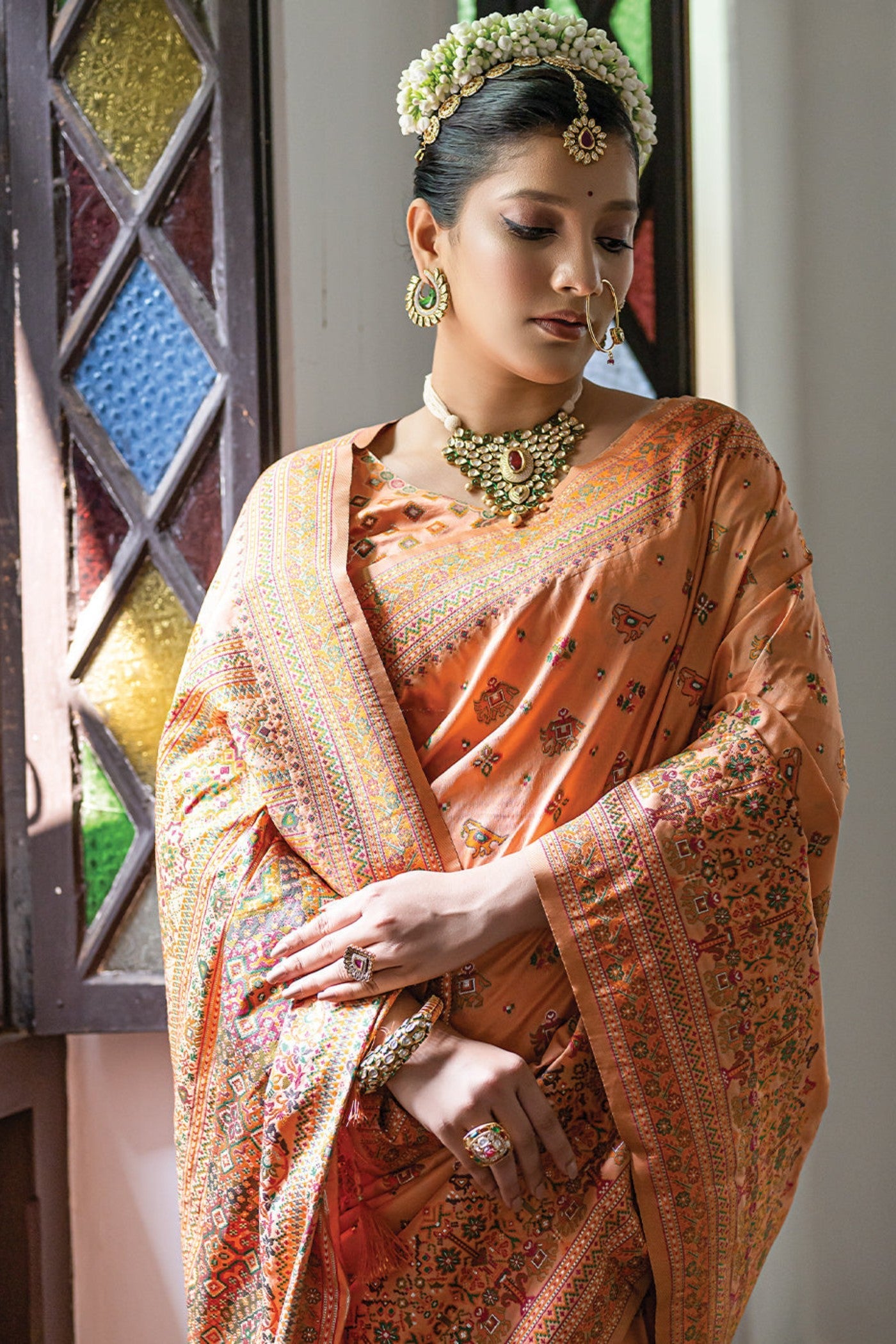 Neon Orange Kashmiri Handloom Woven Silk Saree