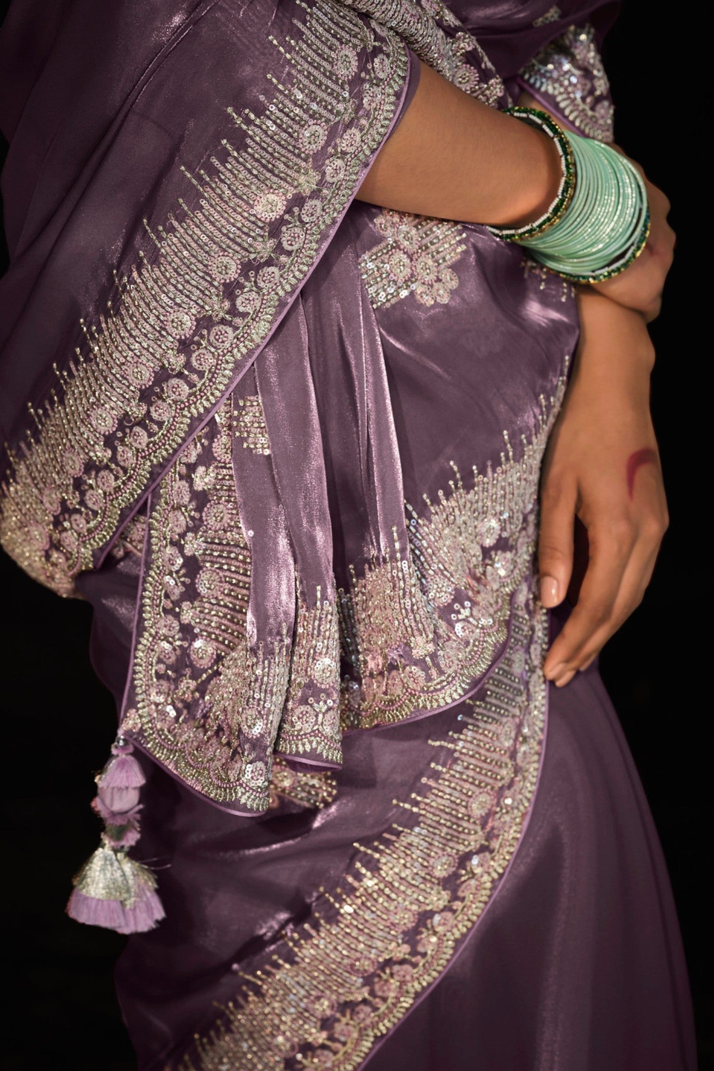 Old Rose Purple Tissue Embroidered Designer Saree