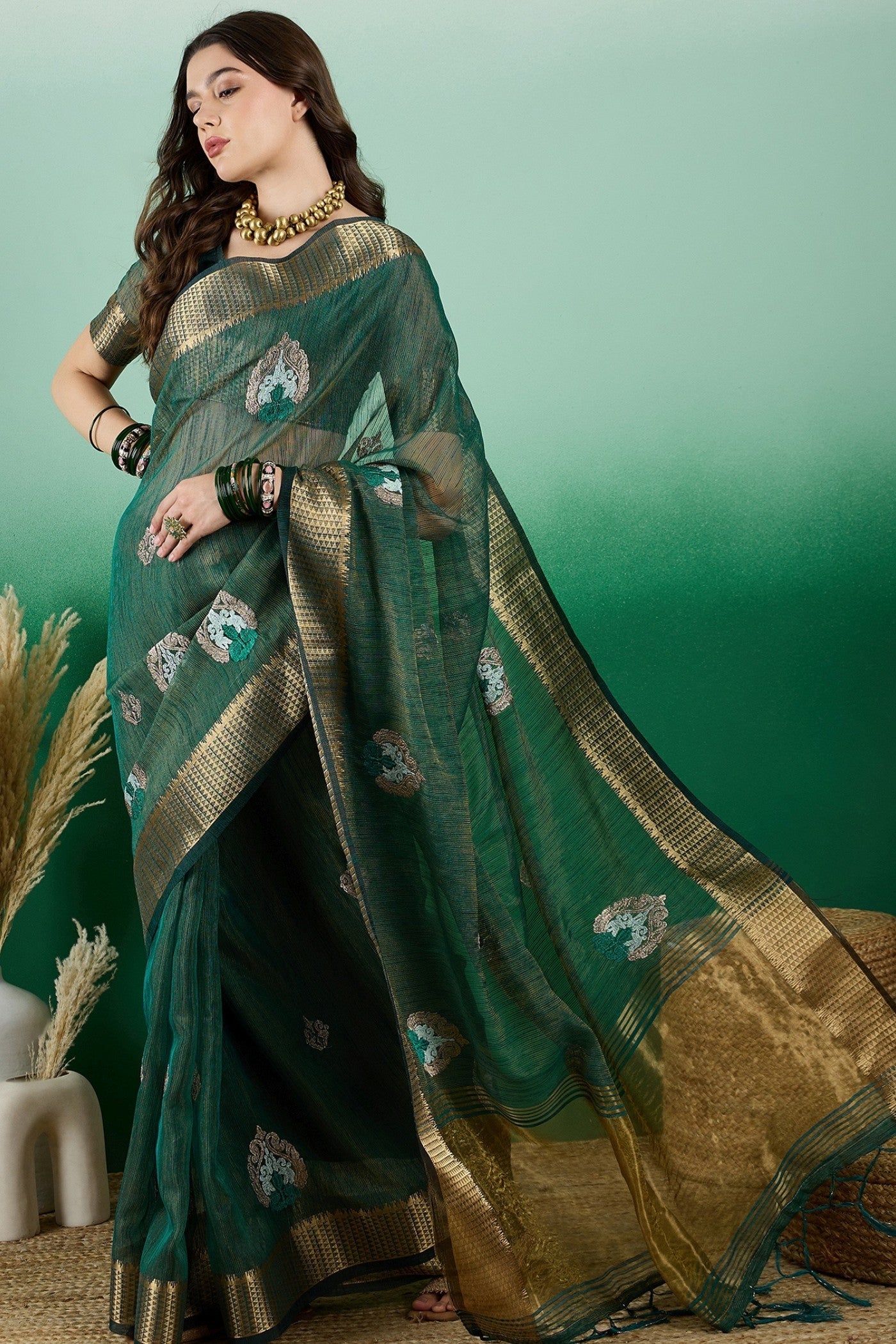 Everglade Green Khadi Organza Saree