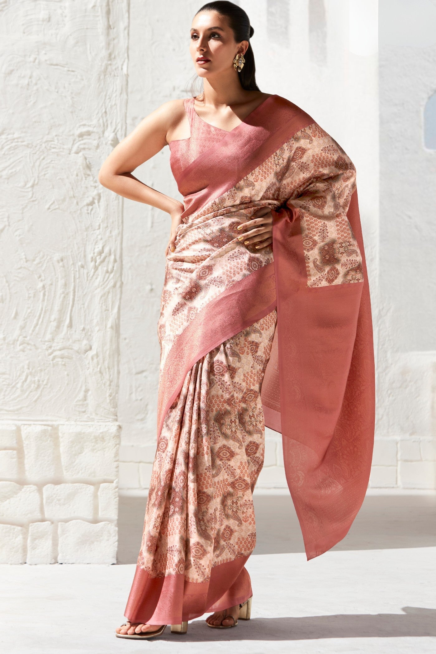 Wewak Peach Banarasi Digital Printed Saree