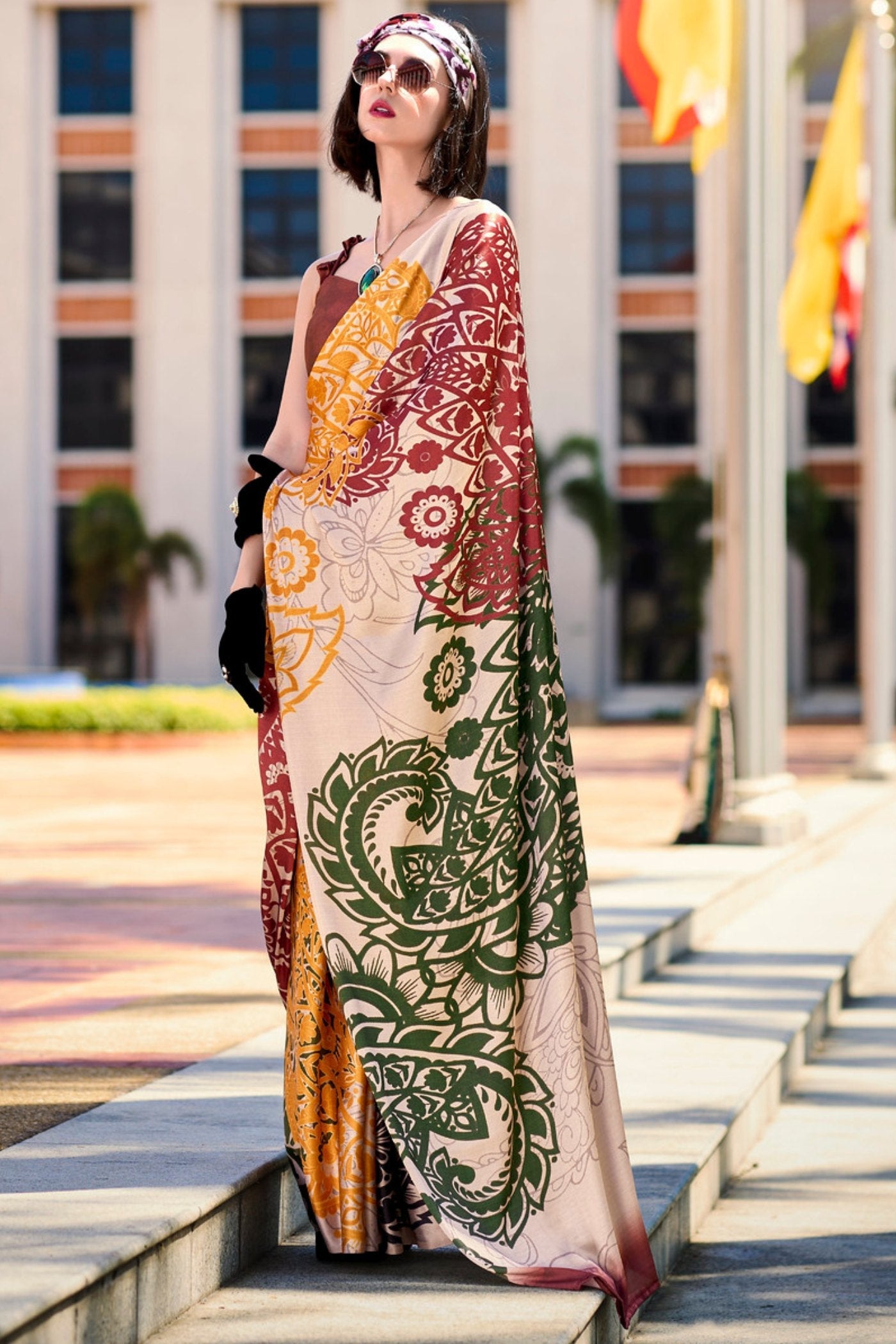 Multicolor Cream Printed Satin Crepe Silk Saree