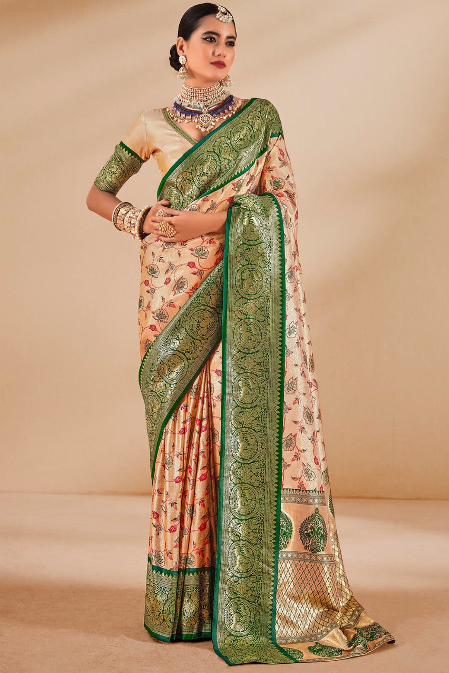 Twine Cream and Green Zari Woven Banarasi Saree