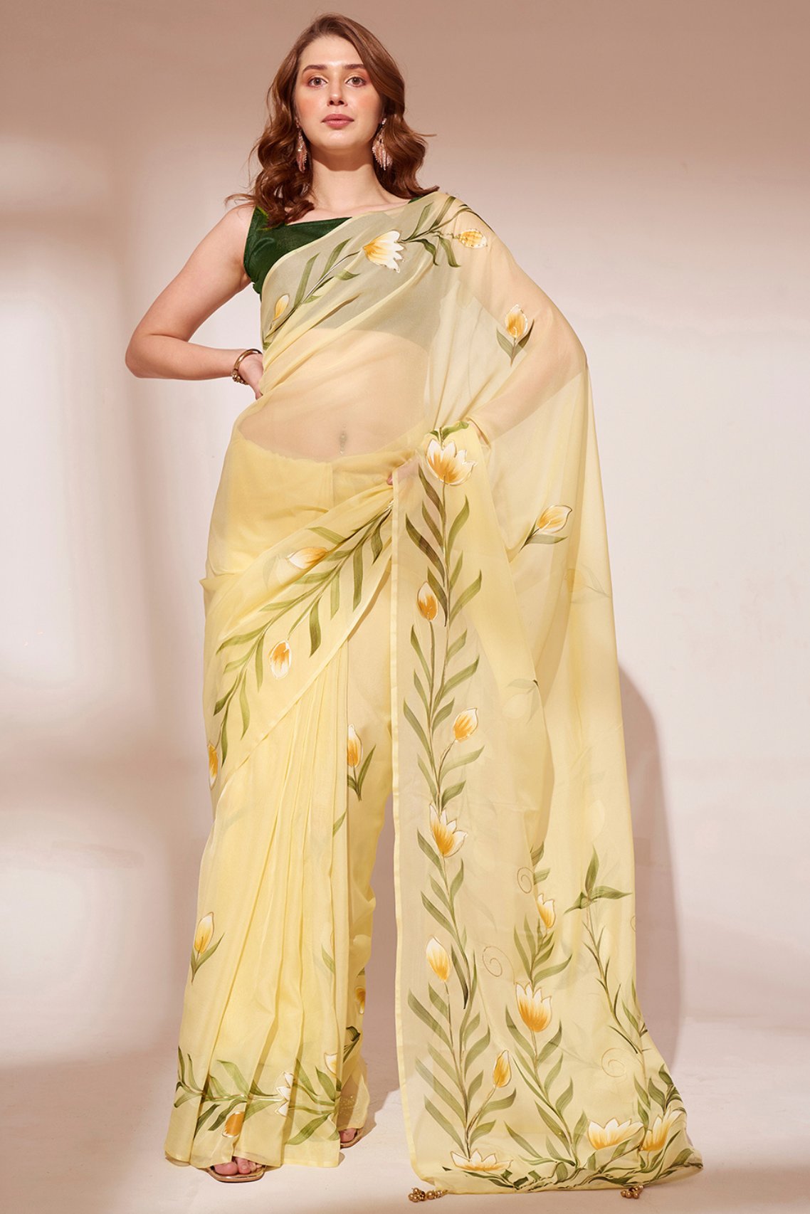 Shalimar Yellow  Printed Organza Saree