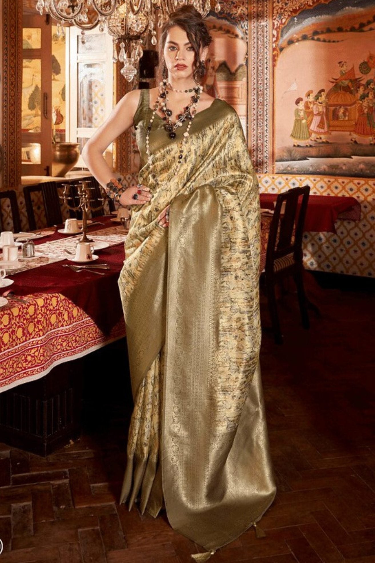 Teak Brown Banarasi Digital Printed Saree