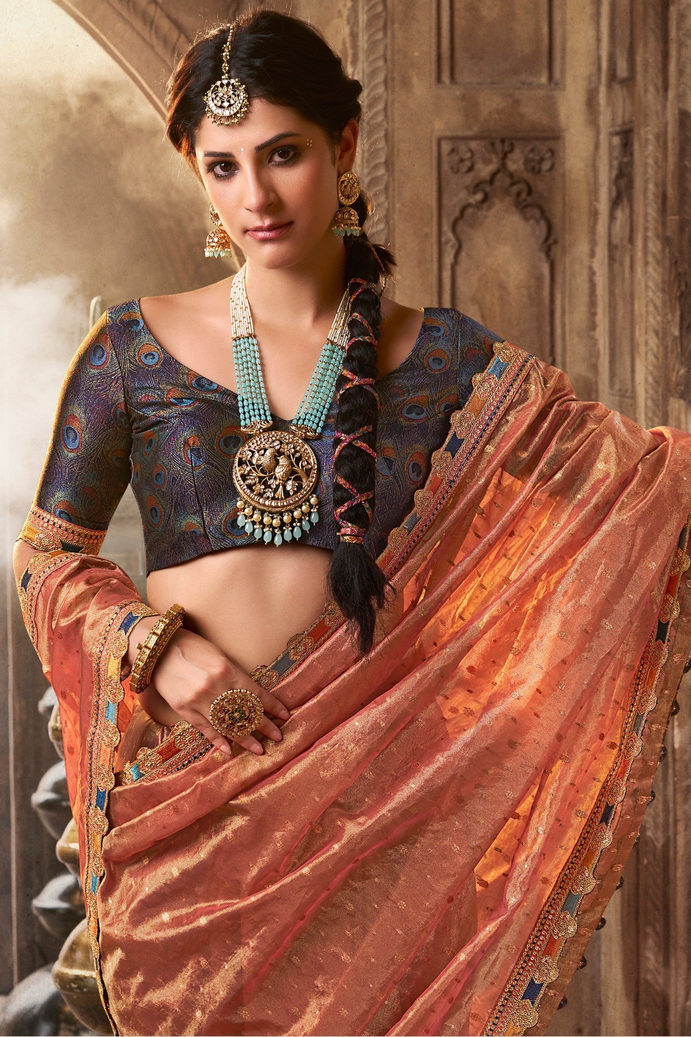 Japonica Peach Tissue Designer Saree