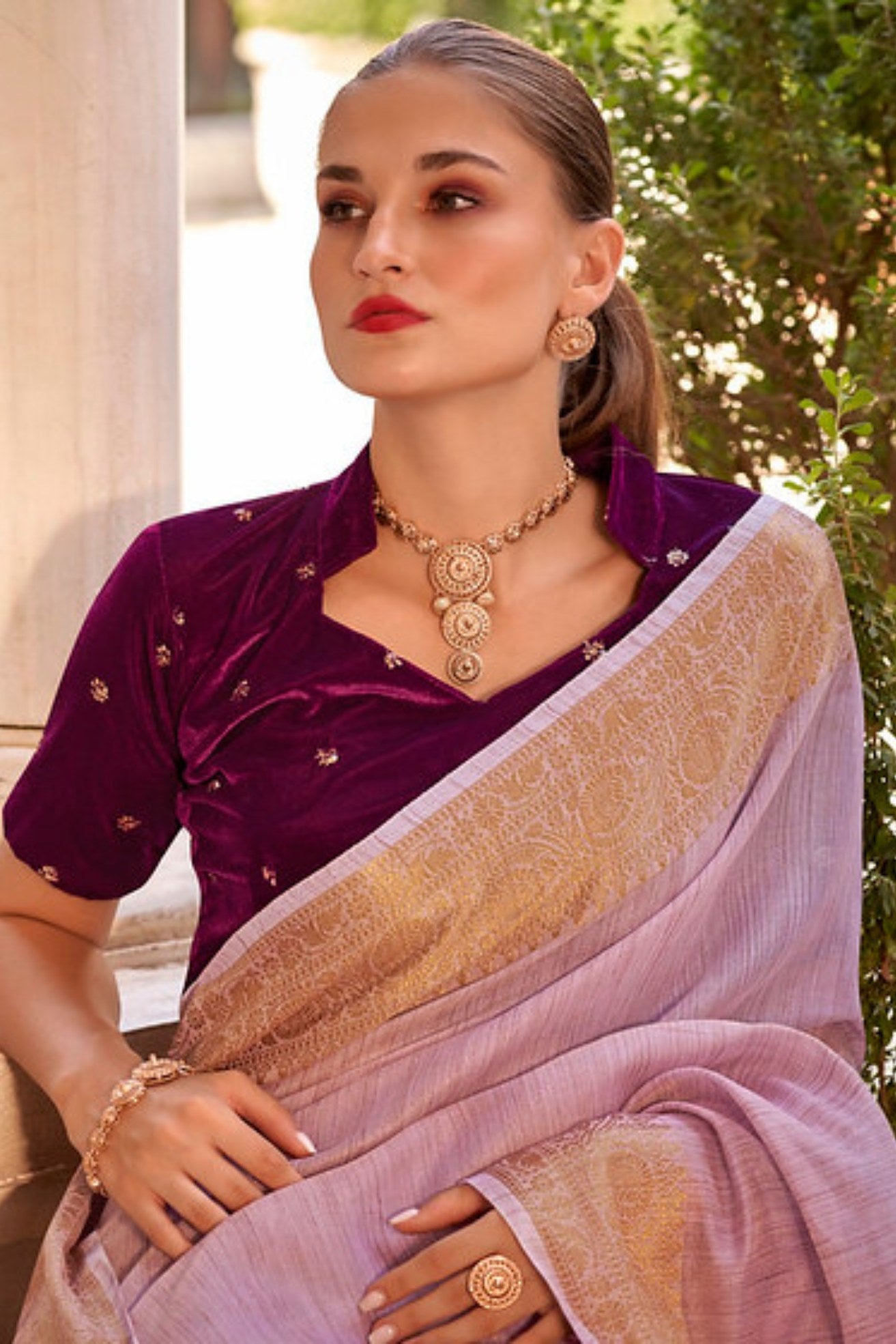 Turkish Rose Purple Zari Woven Linen Saree