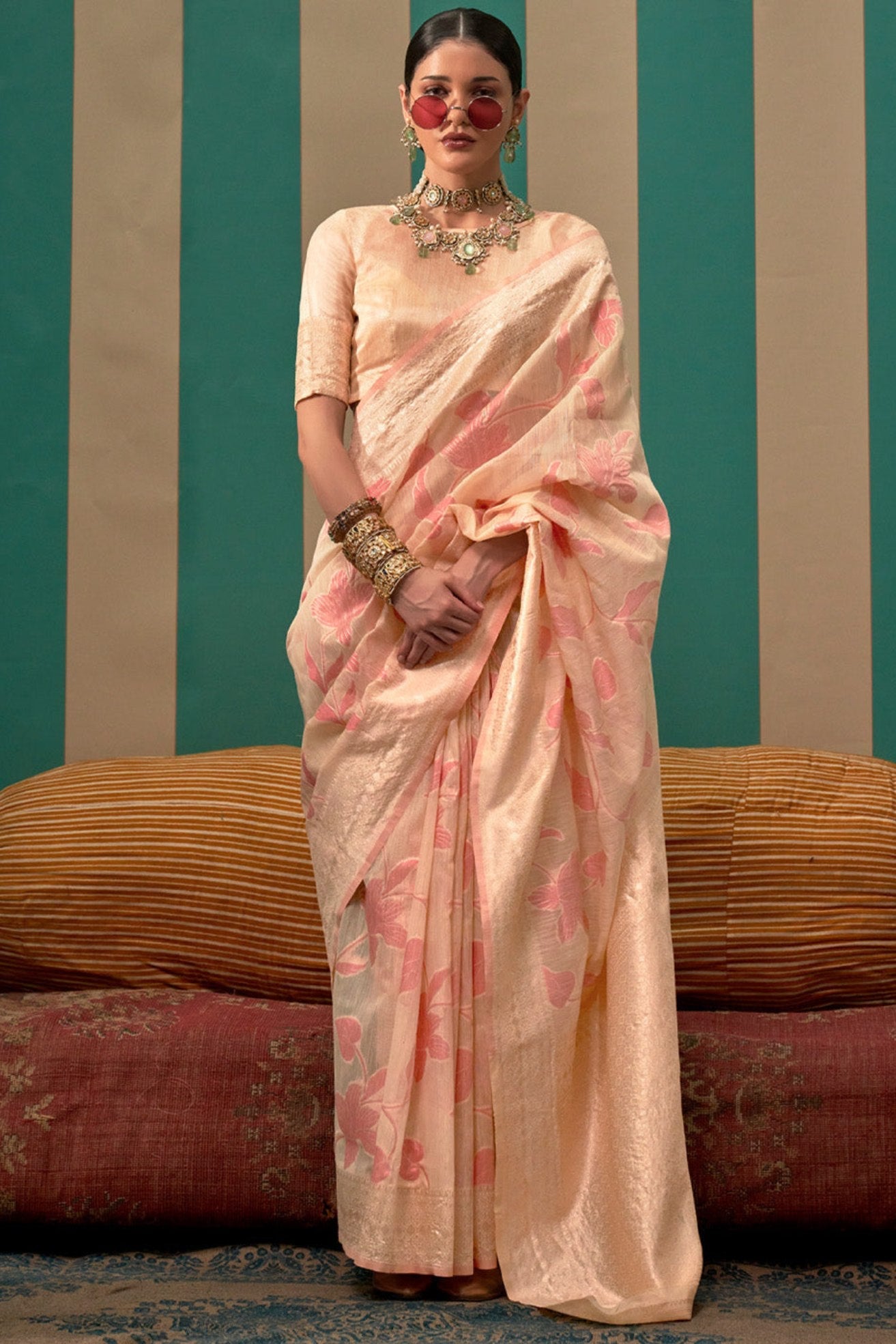 Karry Peach Woven Banarasi Linen Saree