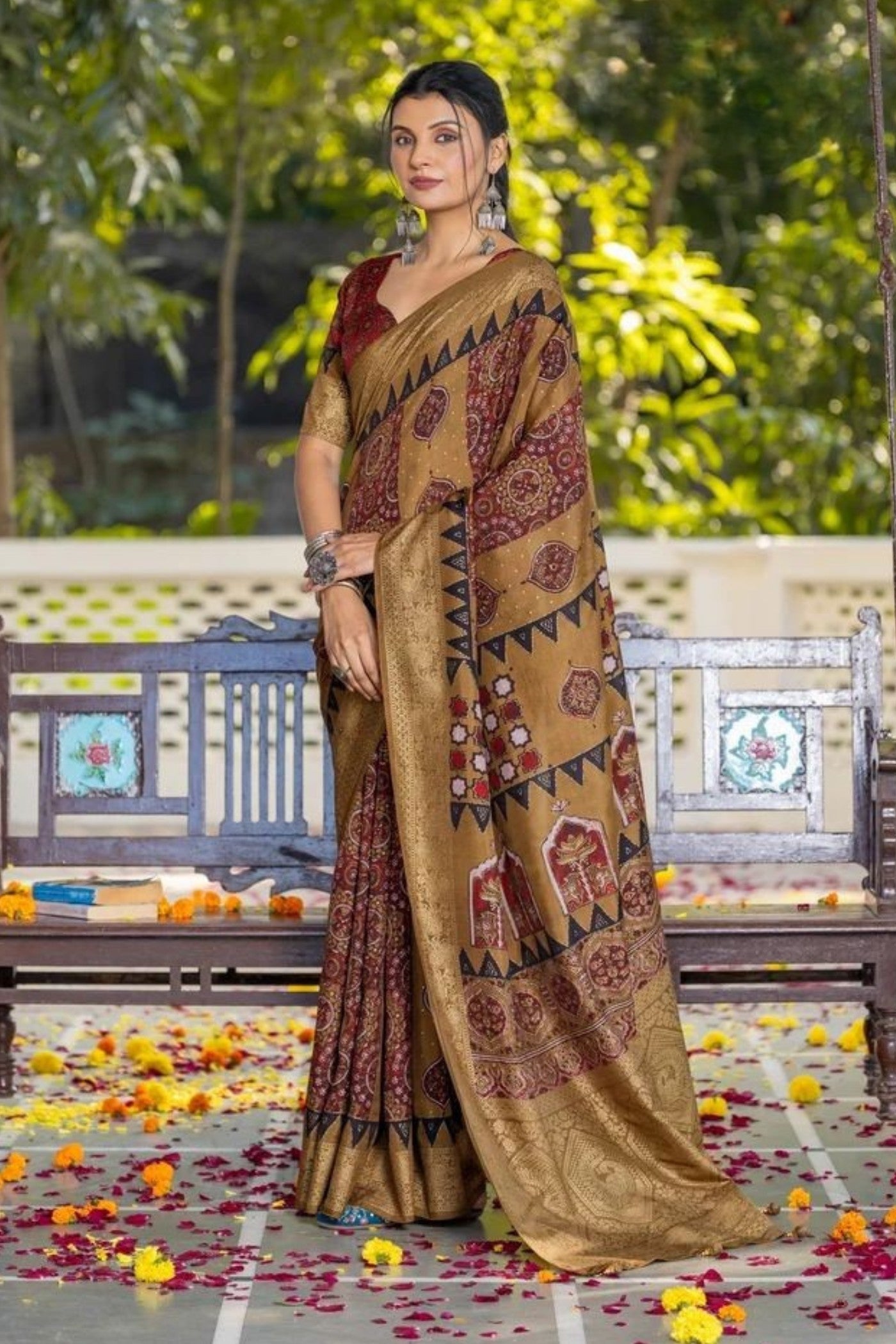 Dusty Brown Ajrakh Digital Printed Satin Saree