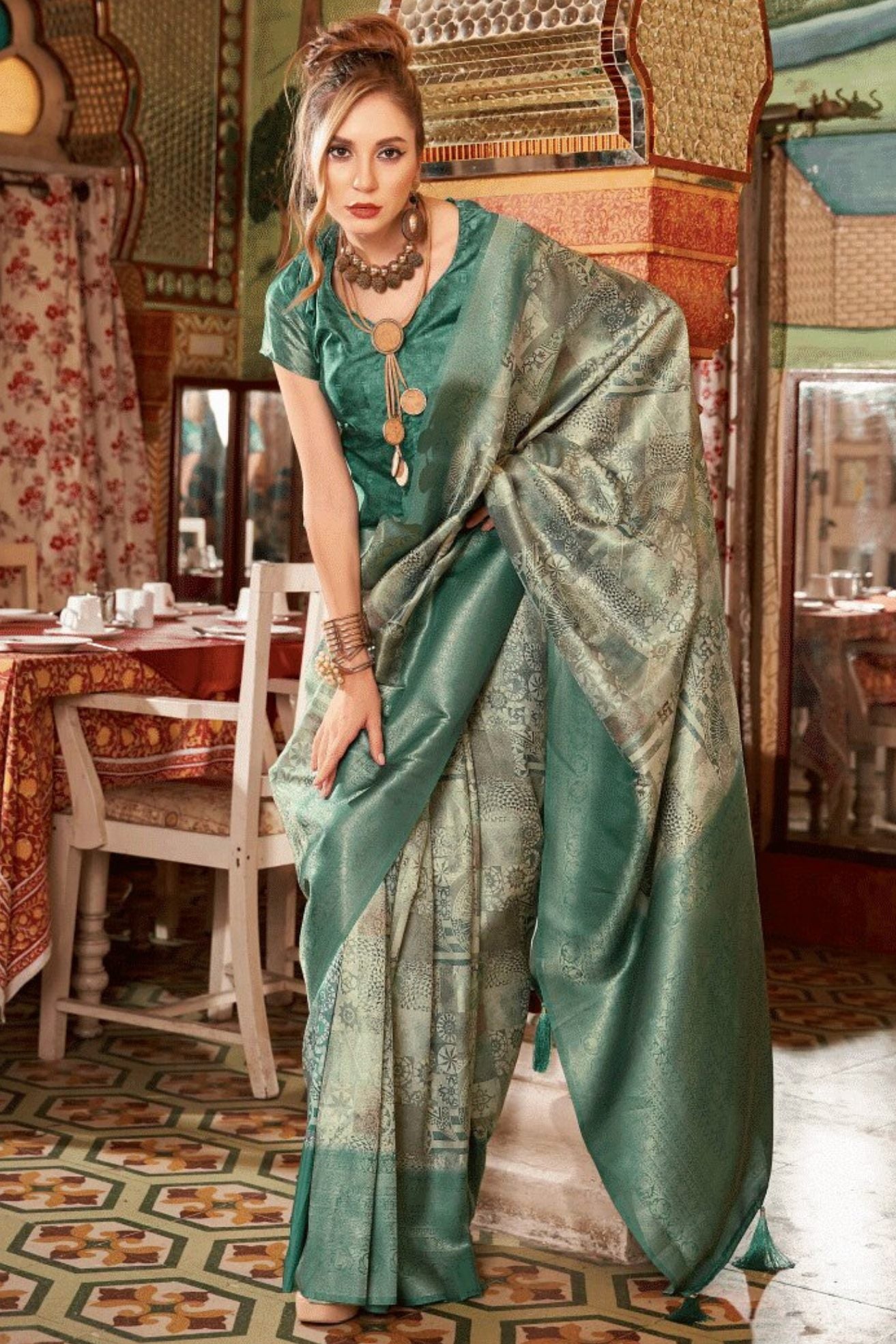 Sage Green Banarasi Digital Printed Saree