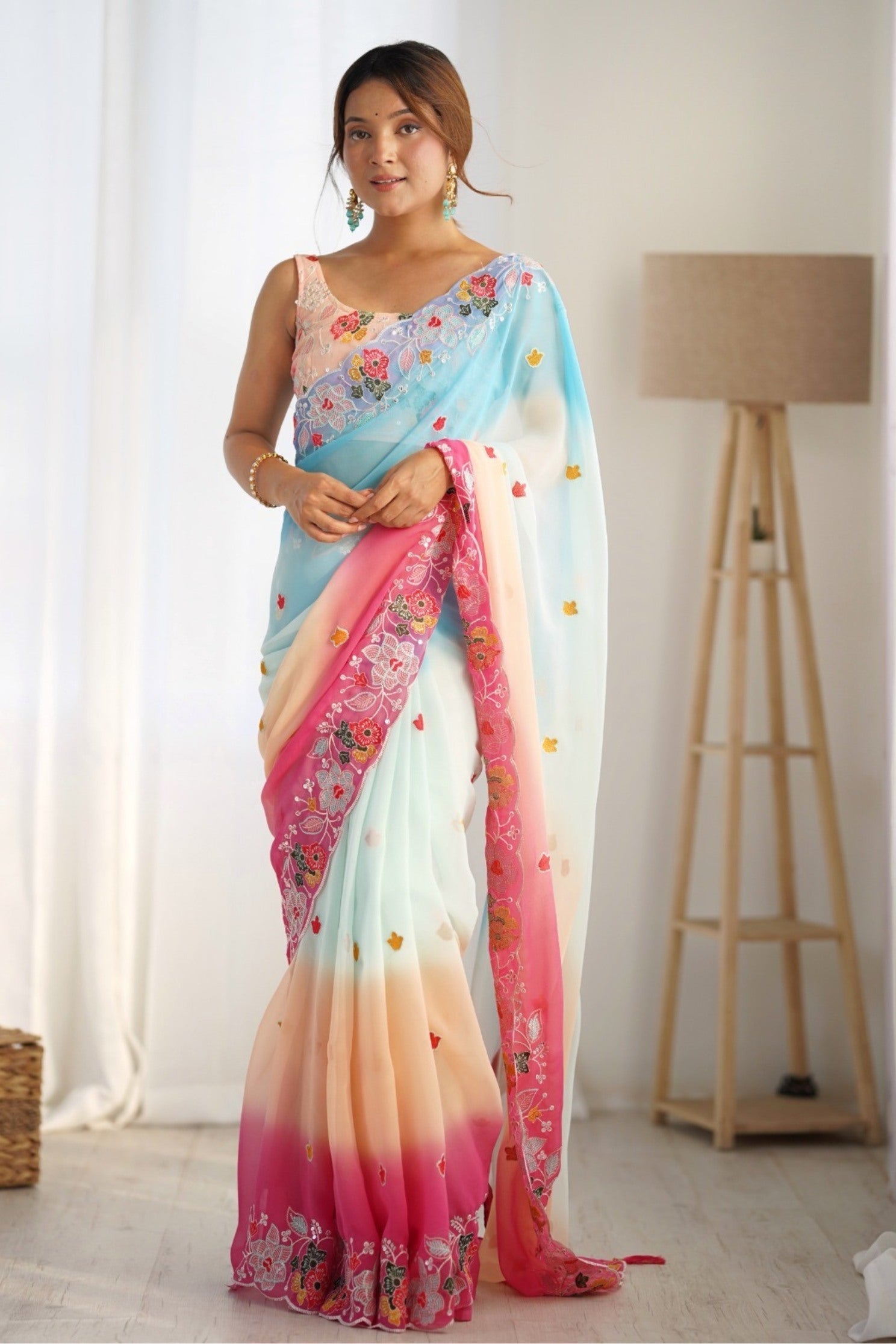 Smokey Blue and Pink Georgette Saree