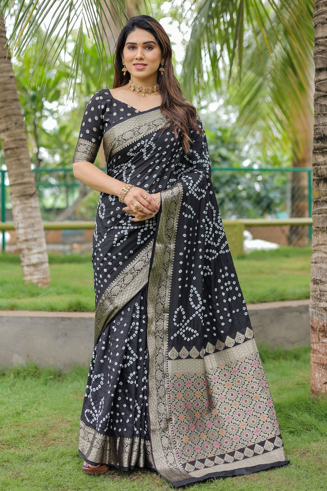 Tuna Black Woven Bandhani Dola Silk Saree