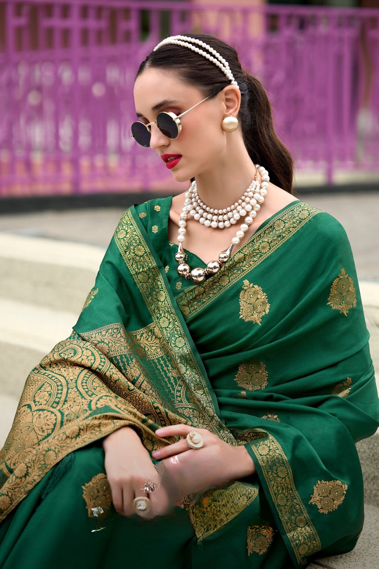 Genoa Green Banarasi Handloom Satin Saree