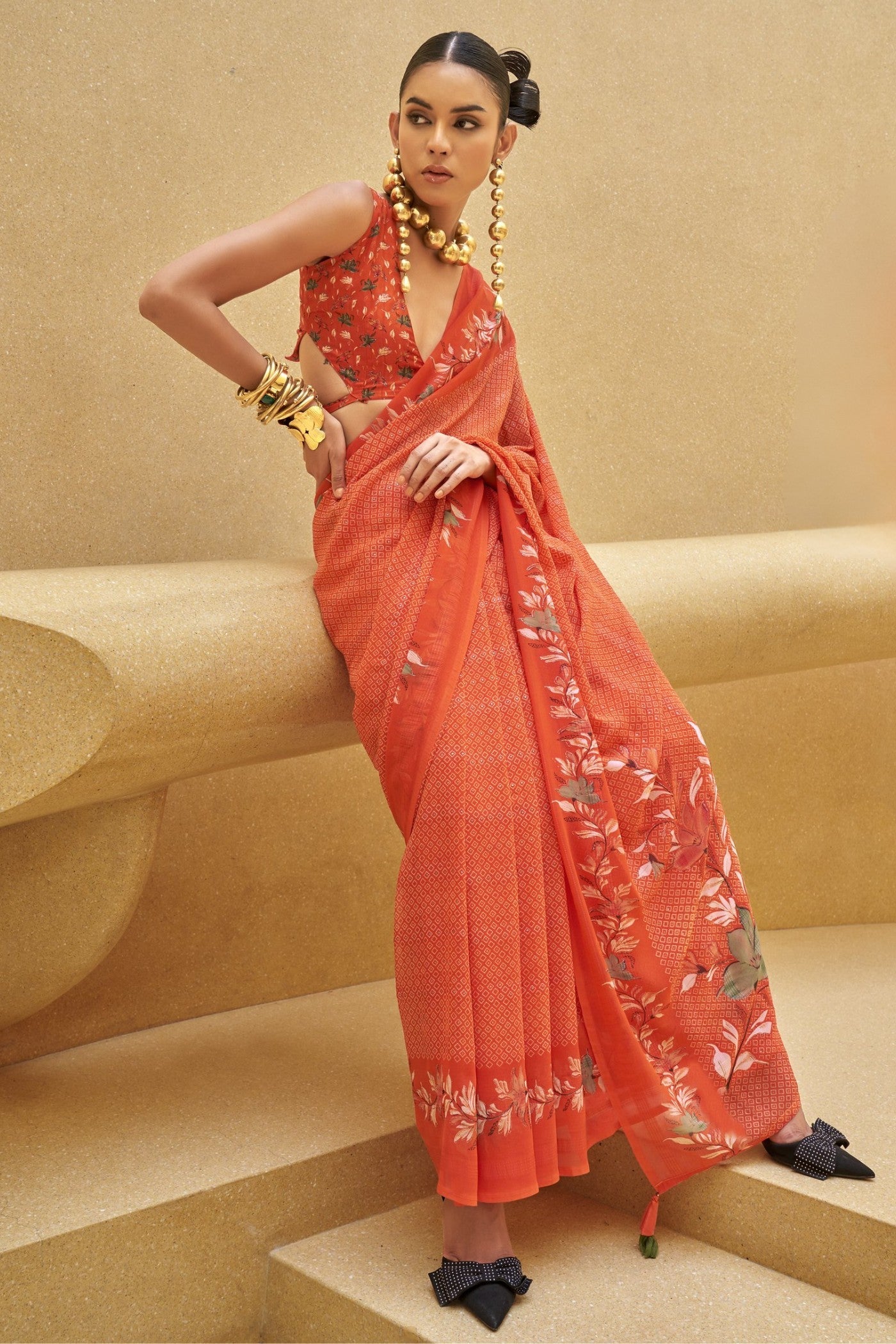 Aboli Orange Georgette Printed Saree