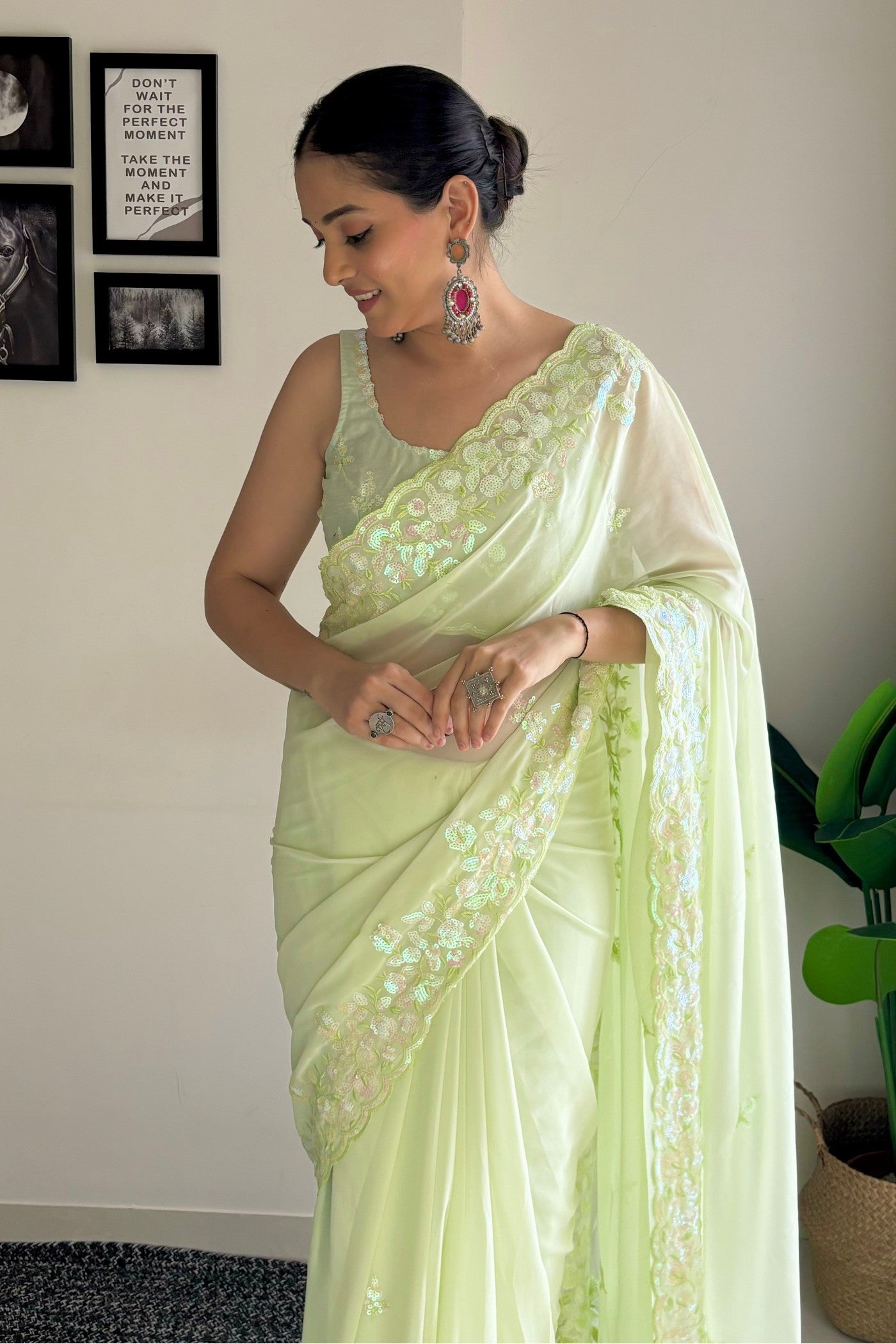 Pineapple Green Embroidery Georgette saree