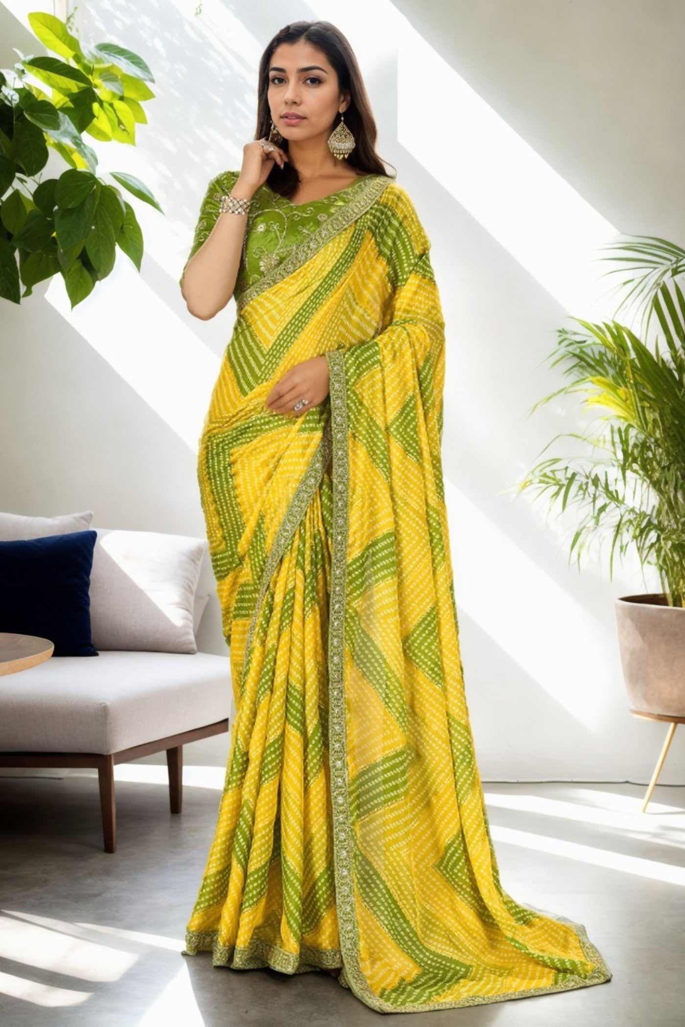 Sunflower Yellow and Green Bandhani Digital Printed Silk Saree