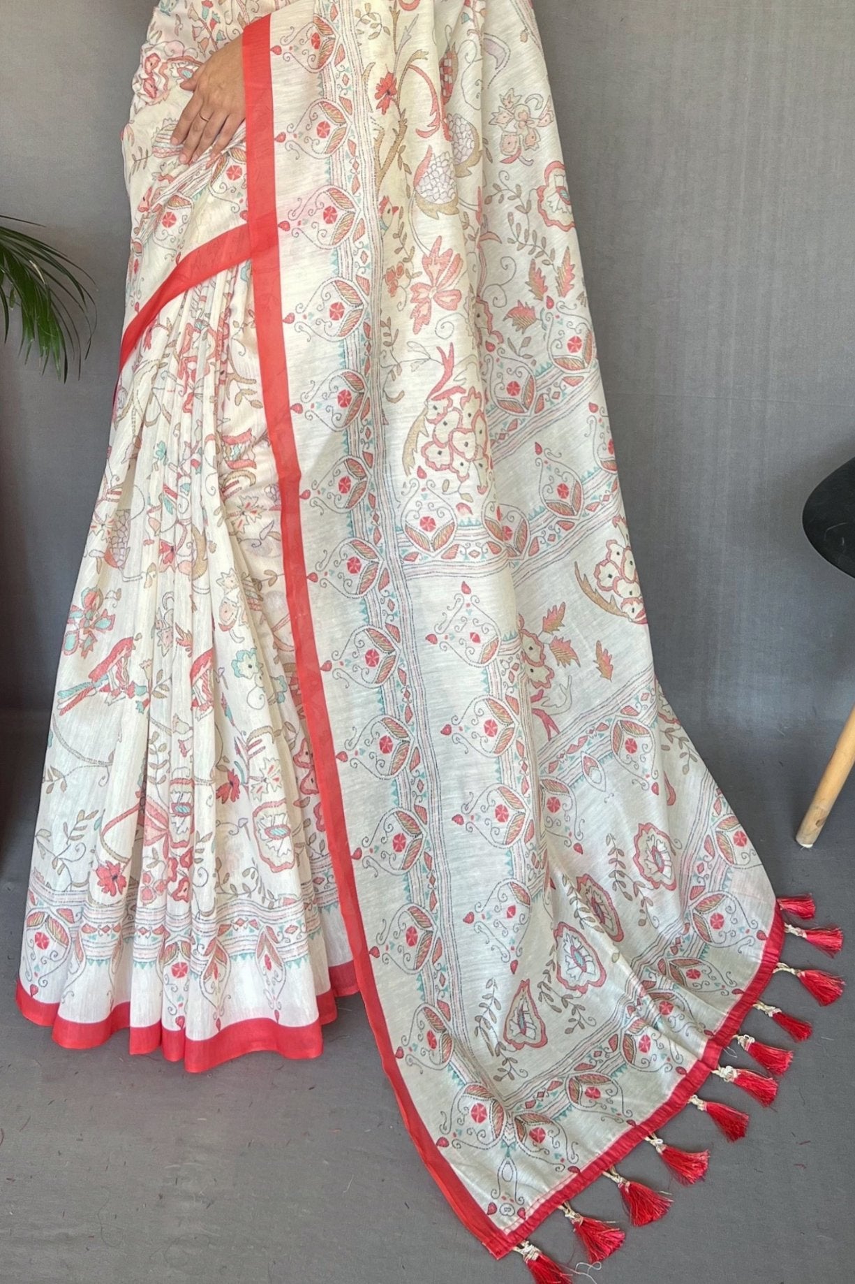 Rose Red and White Printed Cotton Saree