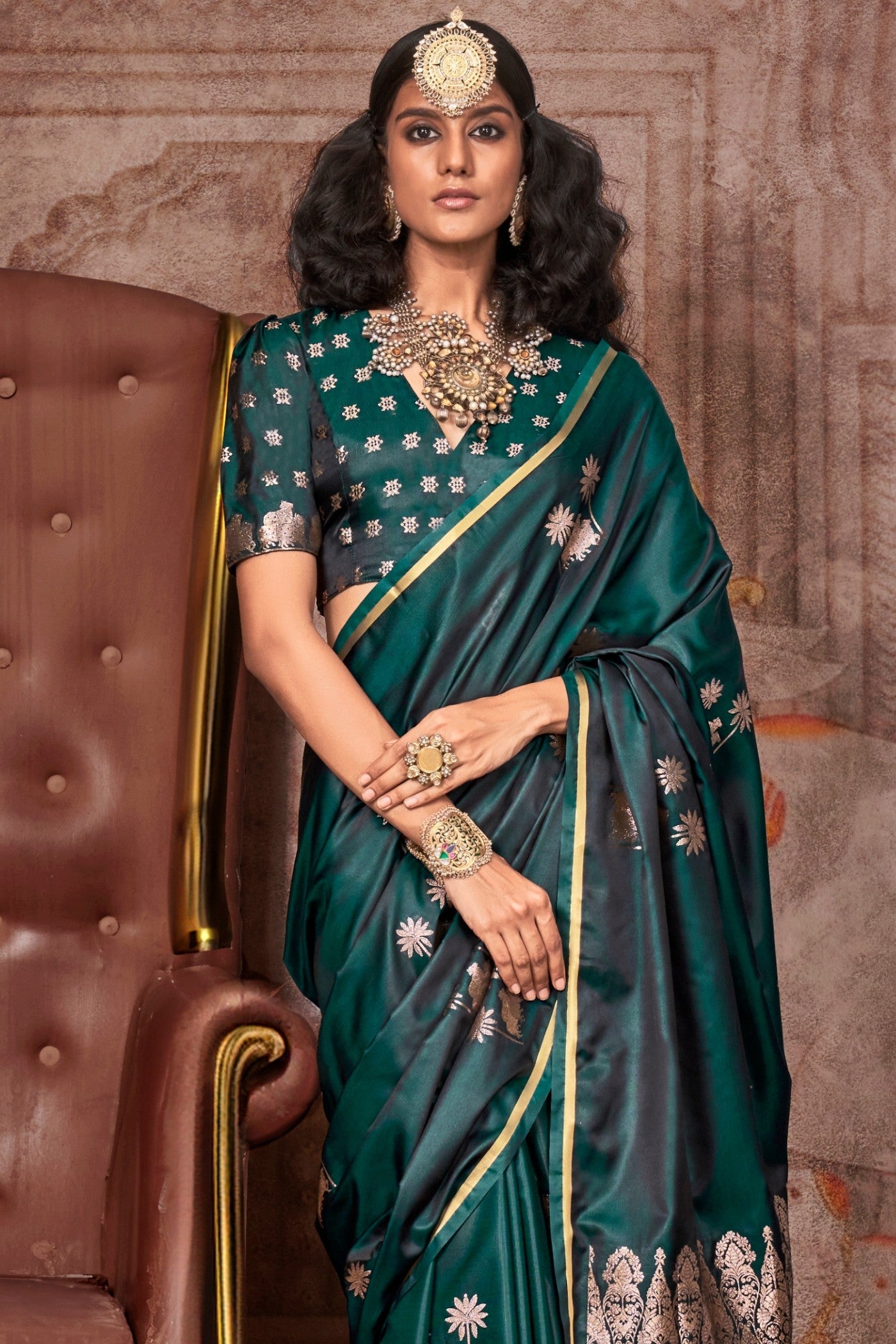 Hunter Green Banarasi Pichwai Satin Saree