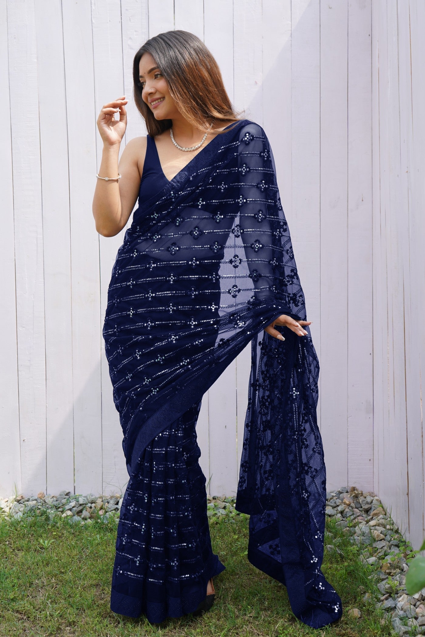 Berry Blue Embroidered Partywear Saree