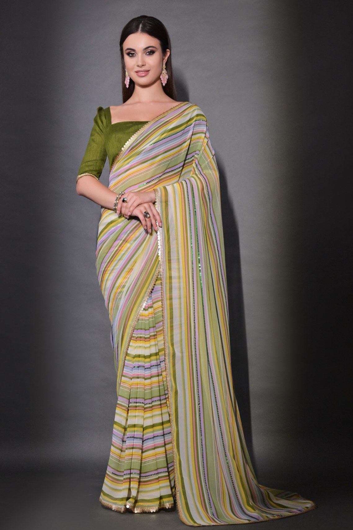 Spanish Green Georgette Lehriya Silk Saree