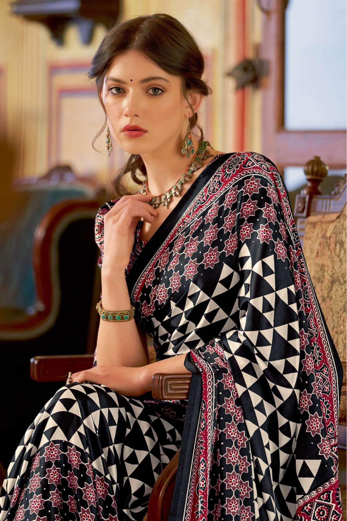 Tundora Black Ajrakh Printed Satin Crepe Saree